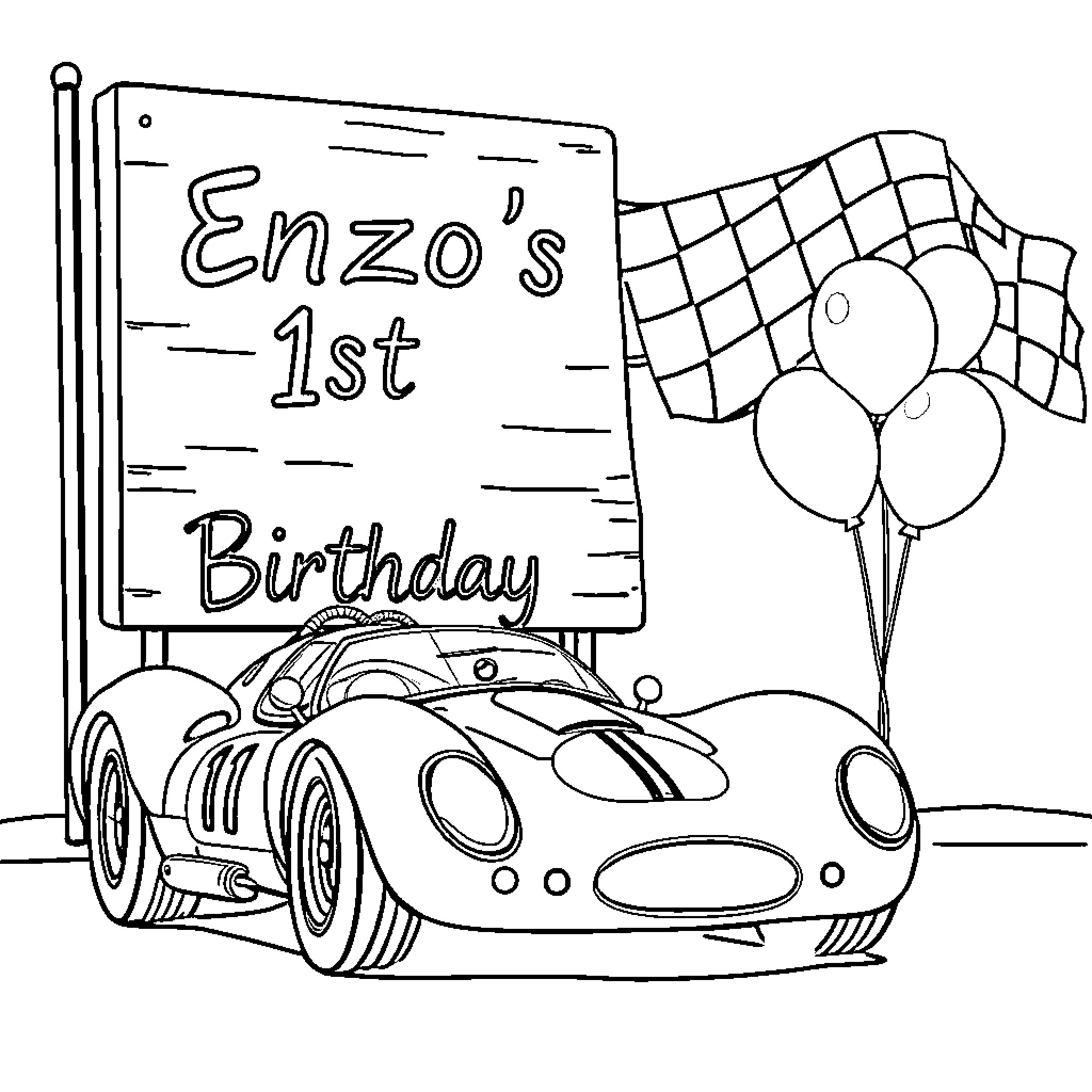 Race Car Celebrating a Birthday Party Coloring Page (free black-and-white line drawing printable PDF for all, from beginners to advanced learners, including children, teens, adults, and seniors)