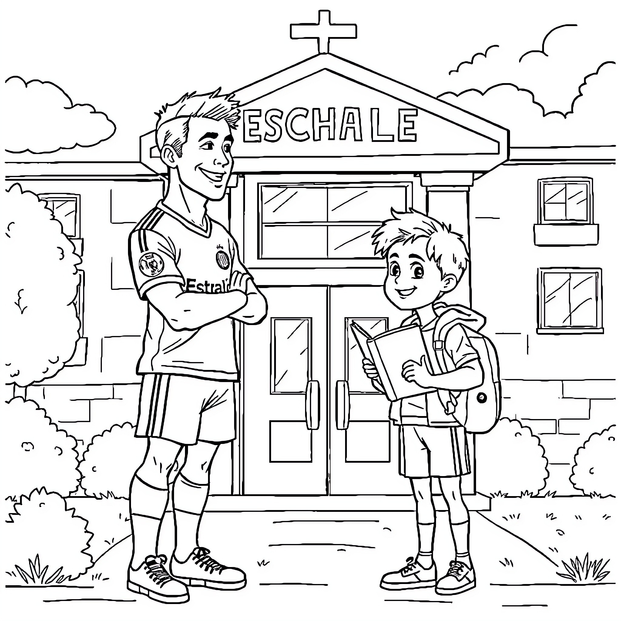 Ronaldo at school with young student Coloring Page (free black-and-white line drawing printable PDF for all, from beginners to advanced learners, including children, teens, adults, and seniors)