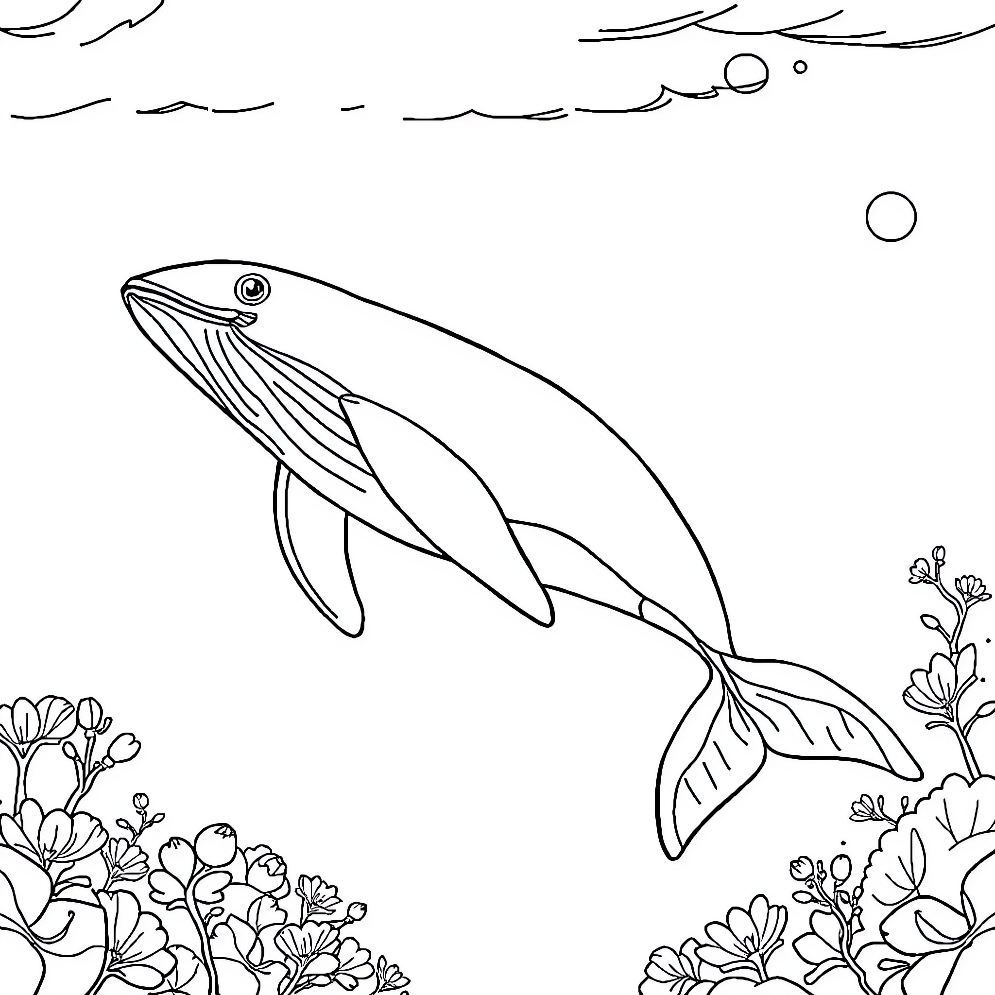 Whale swimming among flowers in the ocean Coloring Page (free black-and-white line drawing printable PDF for all, from beginners to advanced learners, including children, teens, adults, and seniors)