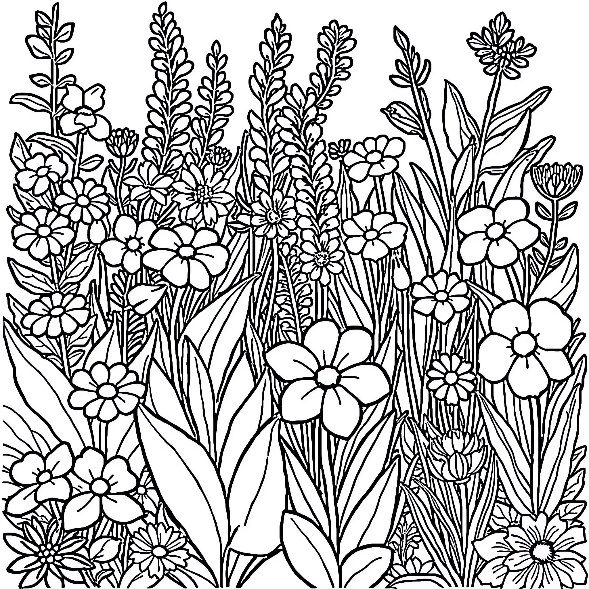 Garden filled with diverse blooming flowers Coloring Page (free black-and-white line drawing printable PDF for all, from beginners to advanced learners, including children, teens, adults, and seniors)