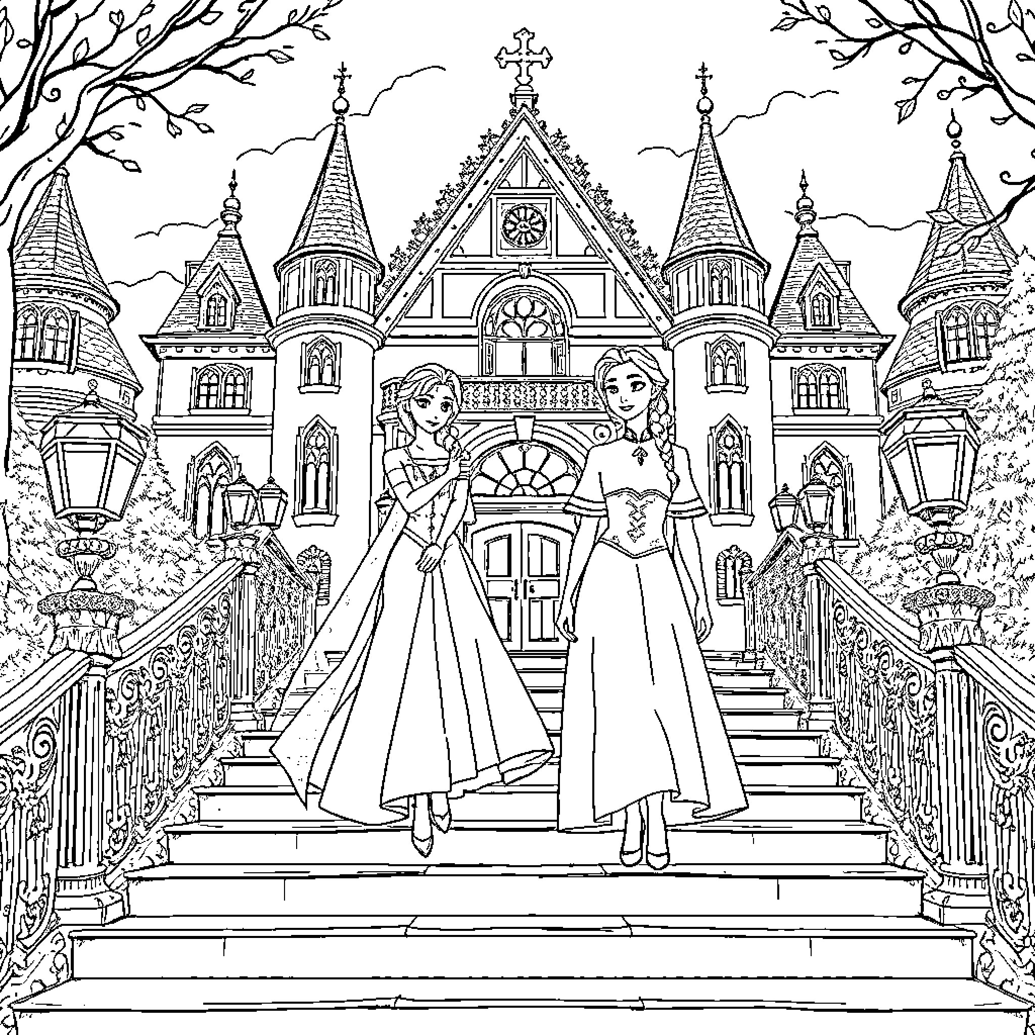 Anna and Her Friend Exploring the Enchanting Palace Grounds Coloring Page (free black-and-white line drawing printable PDF for all, from beginners to advanced learners, including children, teens, adults, and seniors)