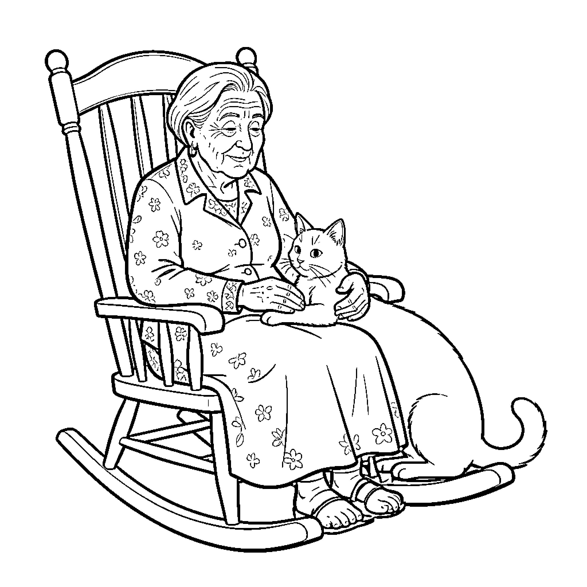 Grandmother rocking with her beloved cat Coloring Page (free black-and-white line drawing printable PDF for all, from beginners to advanced learners, including children, teens, adults, and seniors)
