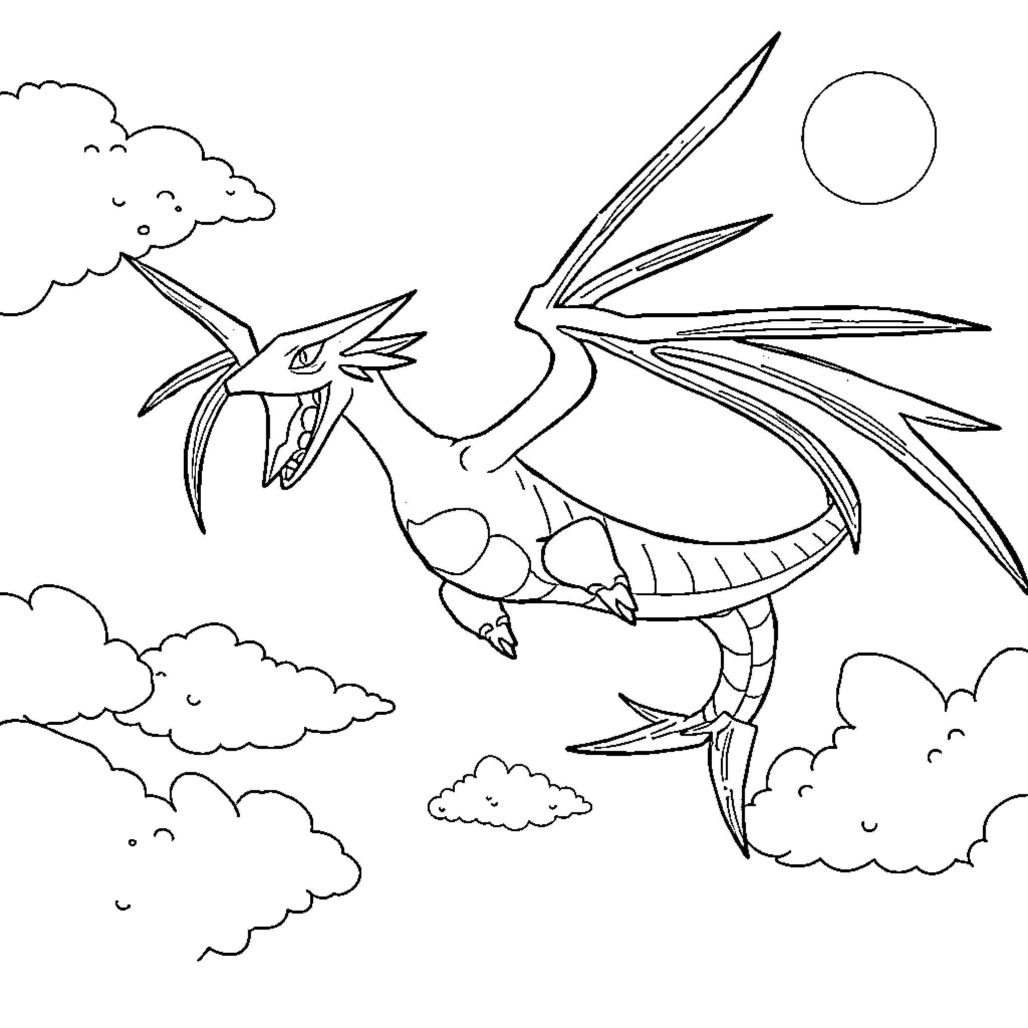 Rayquaza soaring through the skies Coloring Page (free black-and-white line drawing printable PDF for all, from beginners to advanced learners, including children, teens, adults, and seniors)