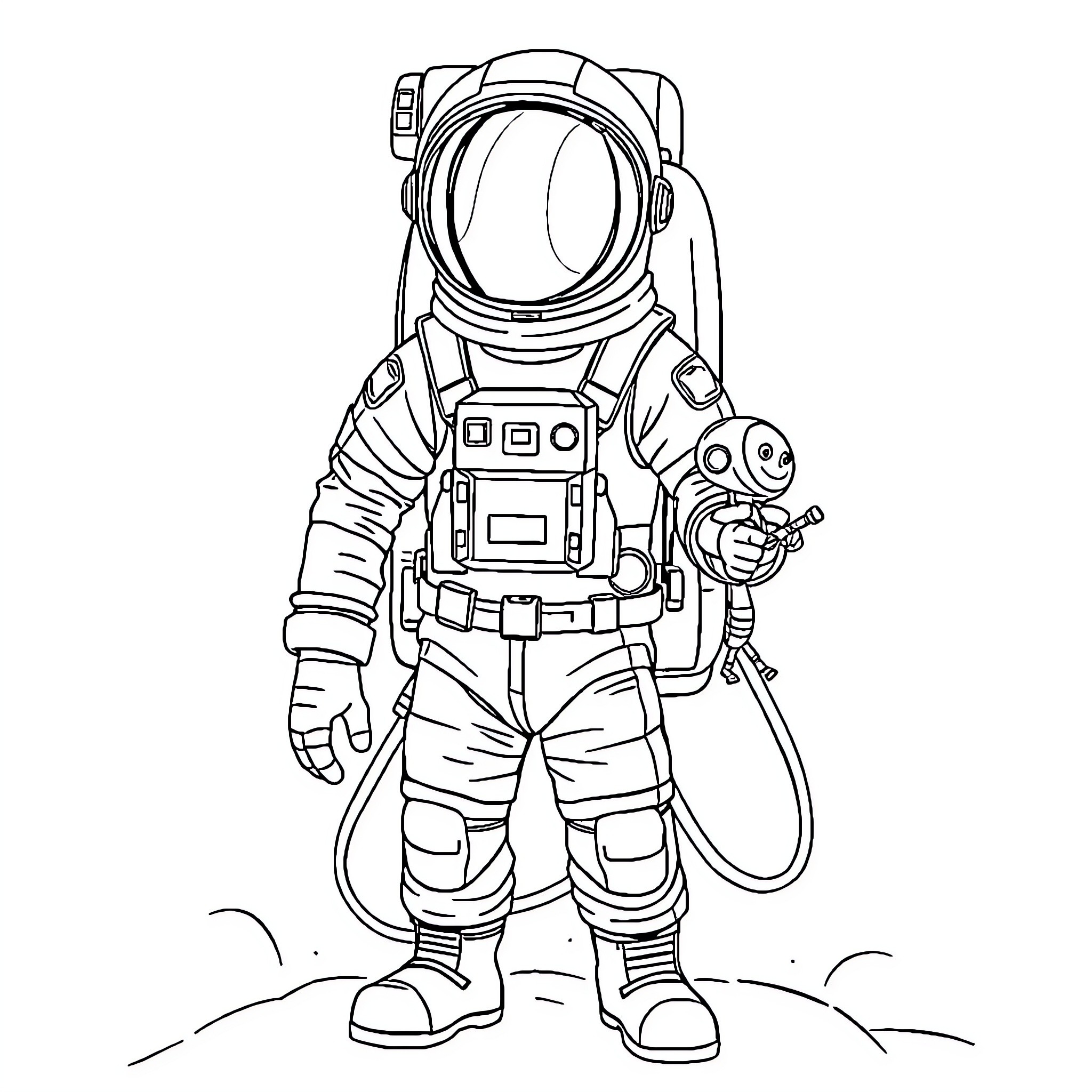 Astronaut exploring the lunar surface Coloring Page (free black-and-white line drawing printable PDF for all, from beginners to advanced learners, including children, teens, adults, and seniors)