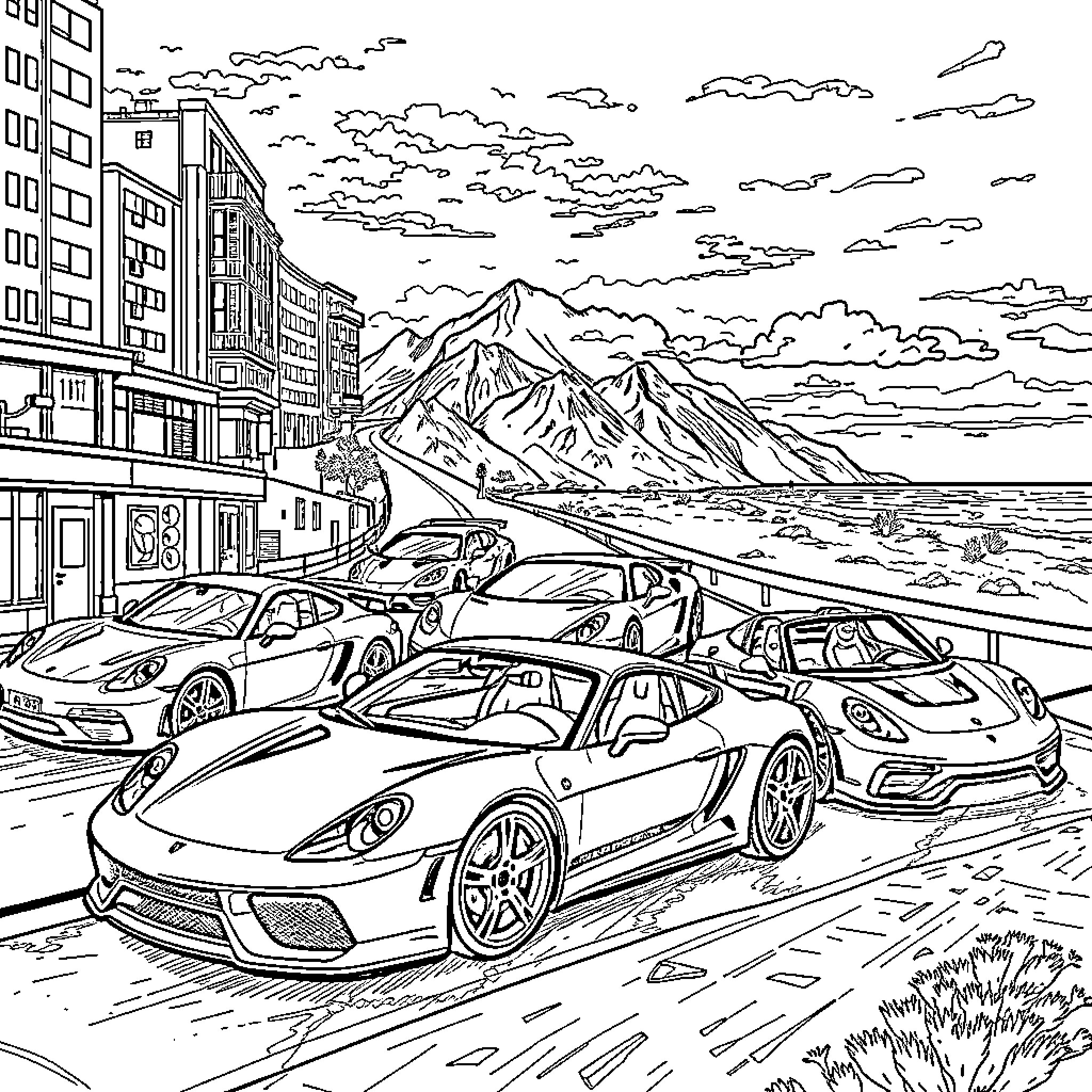 Car Racing along the Coastal Town Coloring Page (free black-and-white line drawing printable PDF for all, from beginners to advanced learners, including children, teens, adults, and seniors)