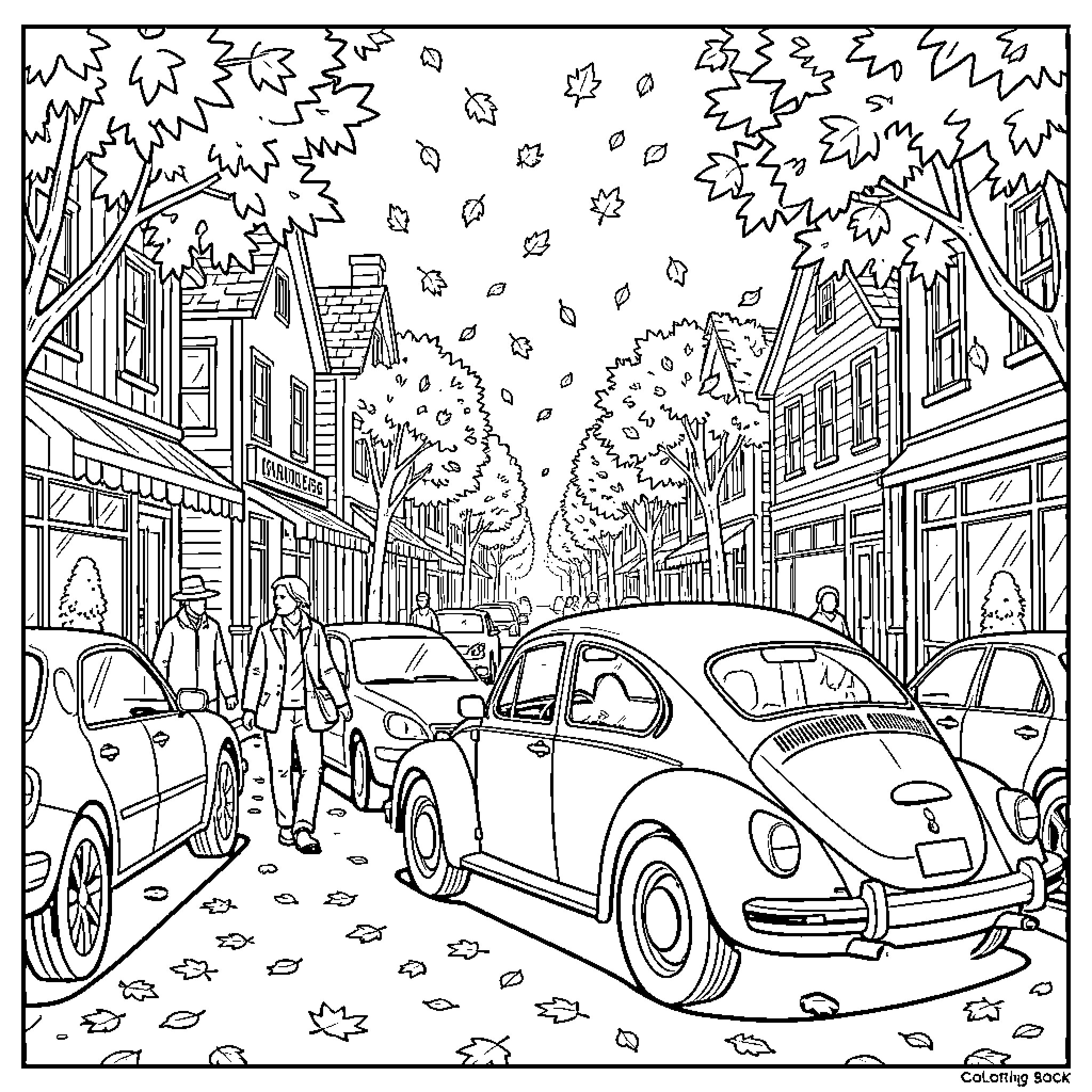 Town street scene with people, cars, and falling leaves Coloring Page (free black-and-white line drawing printable PDF for all, from beginners to advanced learners, including children, teens, adults, and seniors)