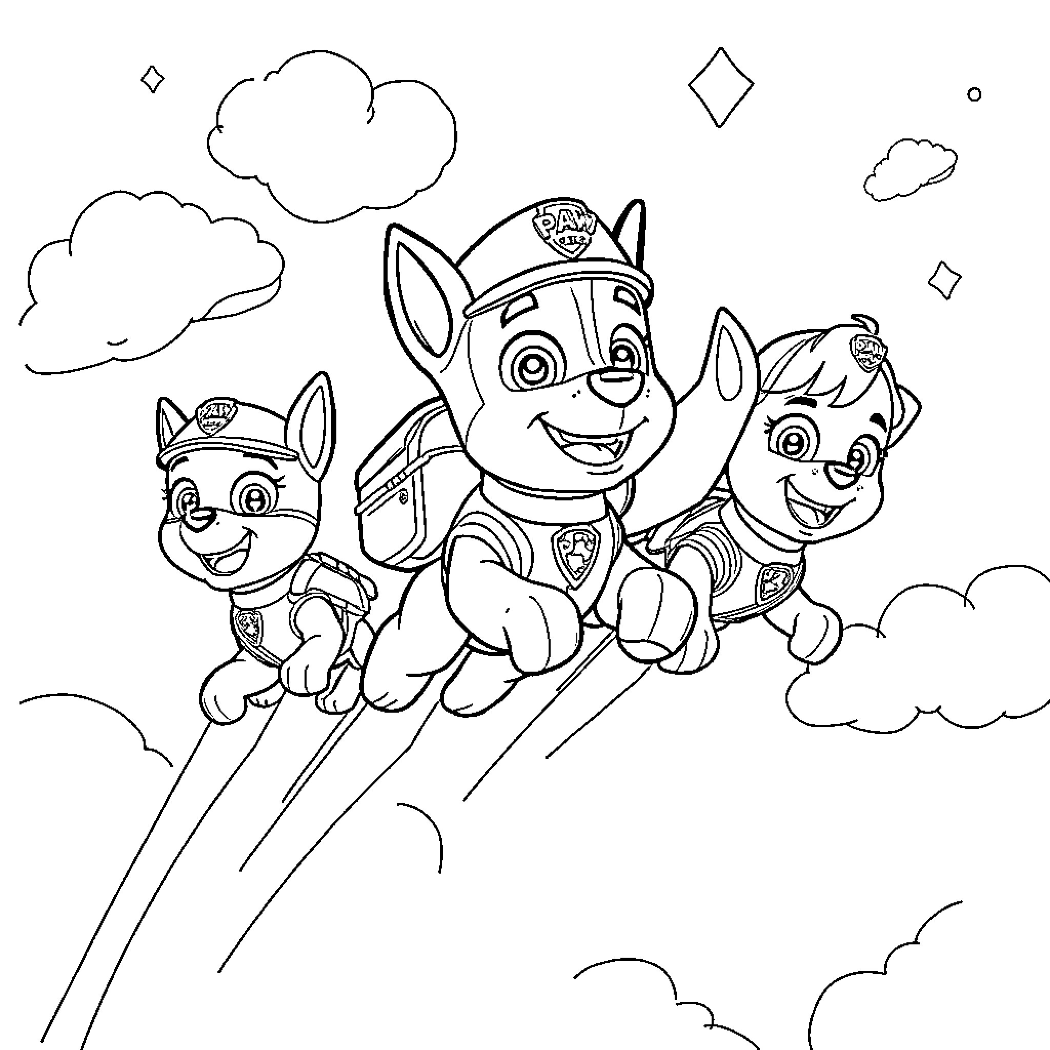 Paw Patrol characters flying happily in the sky Coloring Page (free black-and-white line drawing printable PDF for all, from beginners to advanced learners, including children, teens, adults, and seniors)
