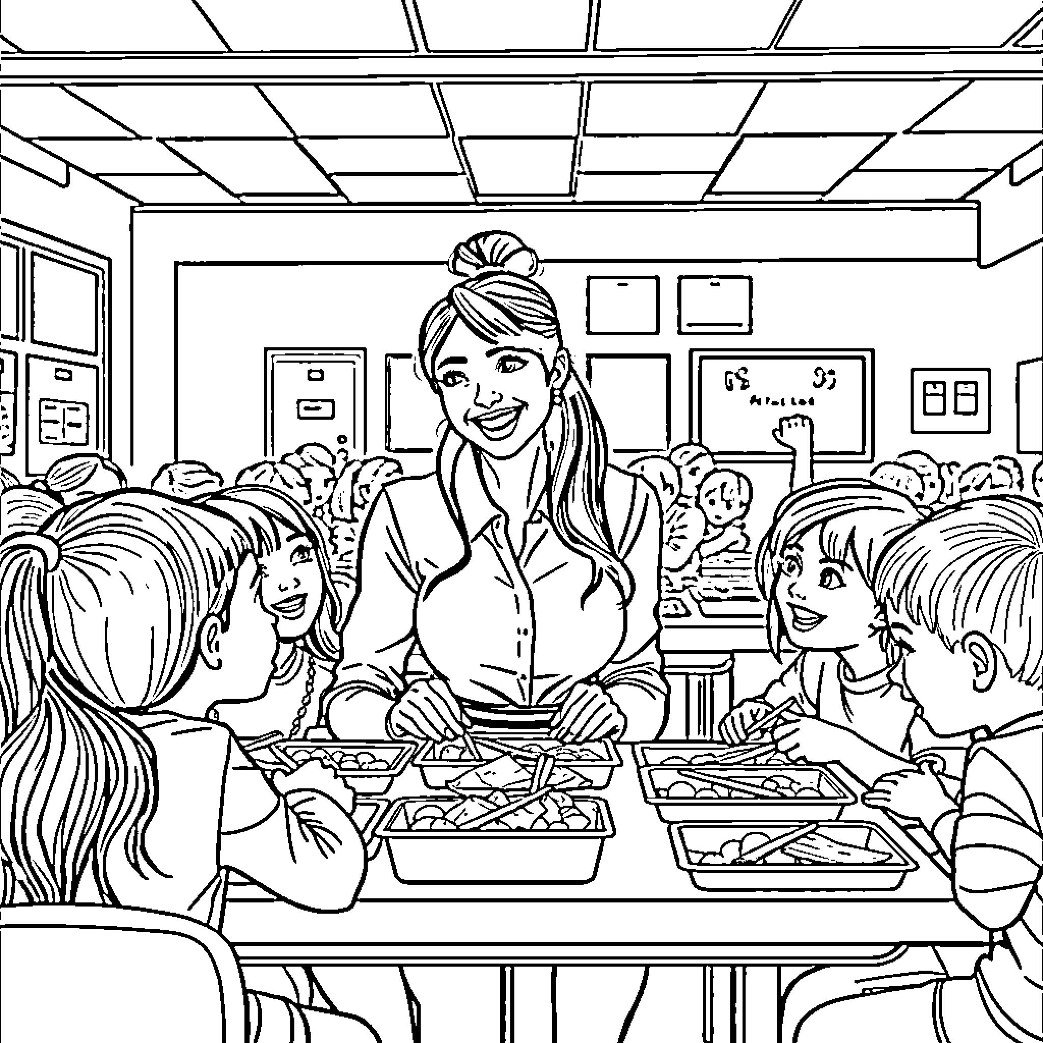 Teacher serving food to smiling students in classroom Coloring Page (free black-and-white line drawing printable PDF for all, from beginners to advanced learners, including children, teens, adults, and seniors)