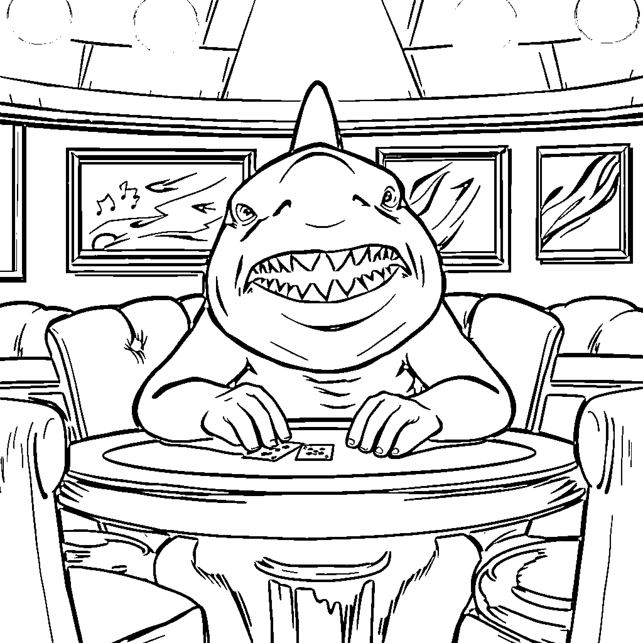 Shark enjoying a video game in the living room Coloring Page (free black-and-white line drawing printable PDF for all, from beginners to advanced learners, including children, teens, adults, and seniors)