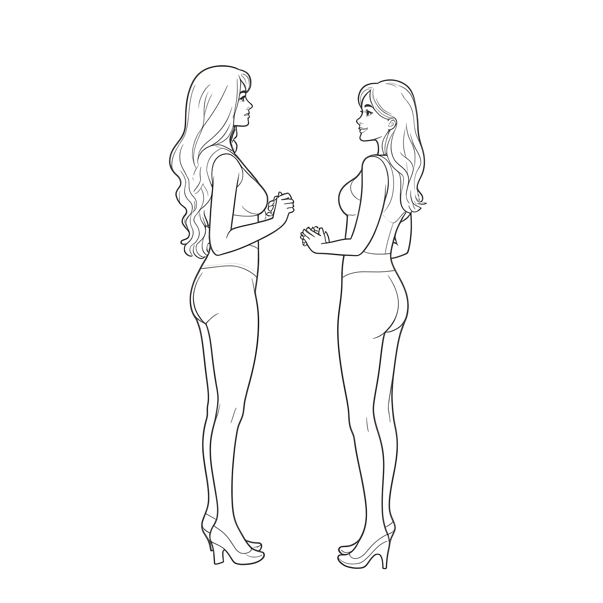 Women in conversation with each other Coloring Page (free black-and-white line drawing printable PDF for all, from beginners to advanced learners, including children, teens, adults, and seniors)
