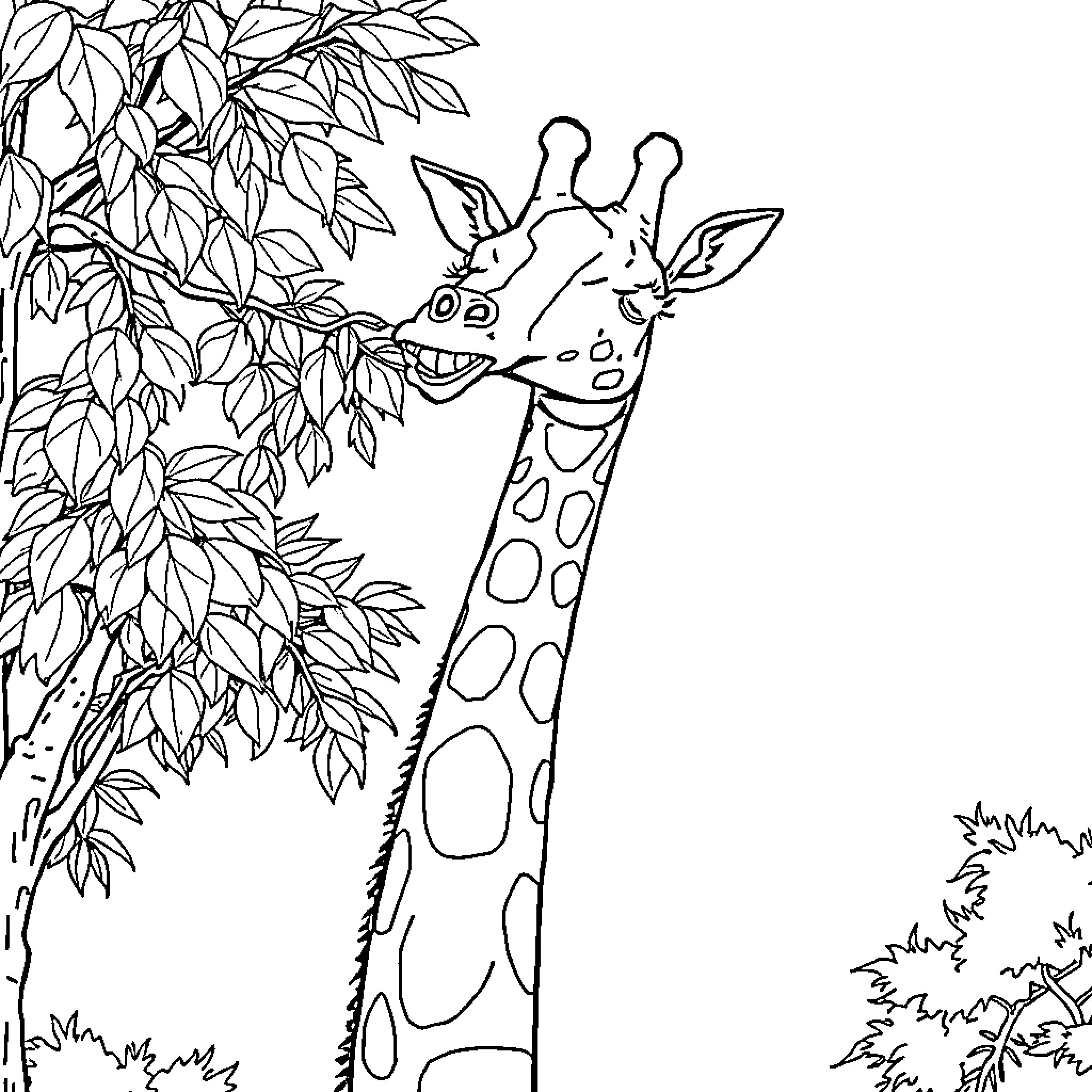 Giraffe peering through lush foliage Coloring Page (free black-and-white line drawing printable PDF for all, from beginners to advanced learners, including children, teens, adults, and seniors)