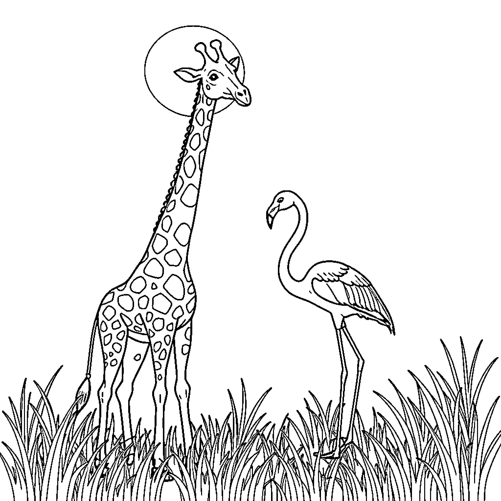 Giraffe and flamingo in natural habitat Coloring Page (free black-and-white line drawing printable PDF for all, from beginners to advanced learners, including children, teens, adults, and seniors)
