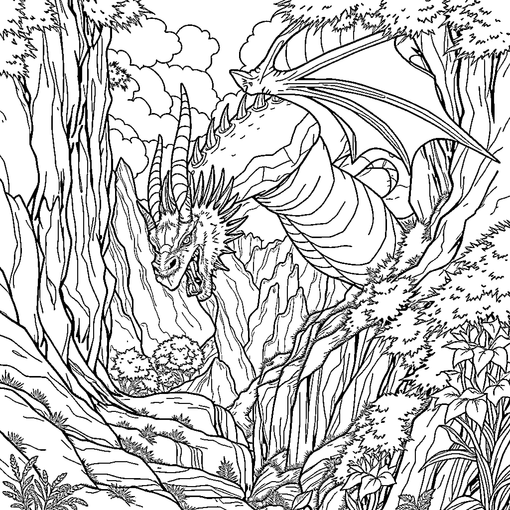 Dragon emerging from mystical forest scene Coloring Page (free black-and-white line drawing printable PDF for all, from beginners to advanced learners, including children, teens, adults, and seniors)
