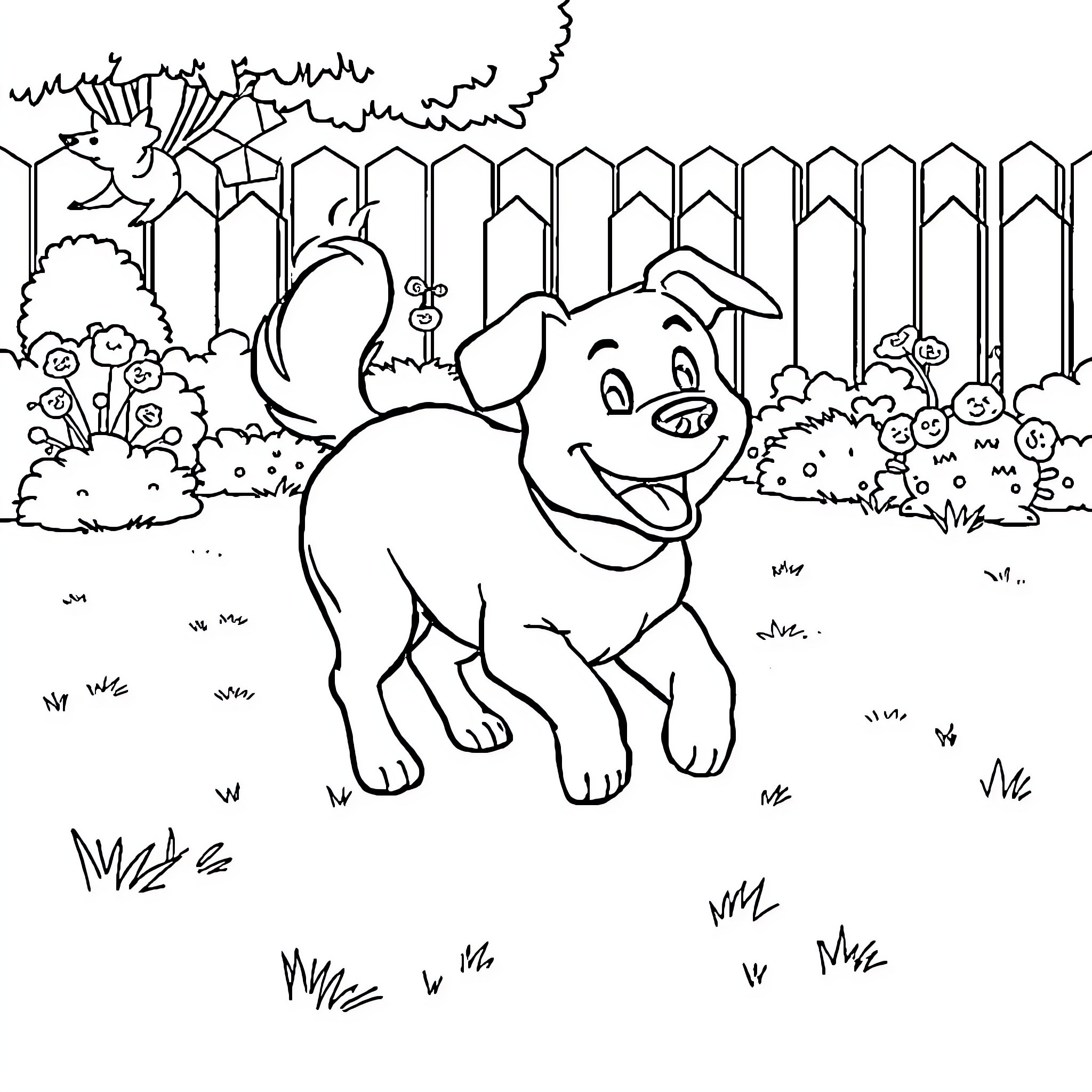 Dog playing happily in the backyard Coloring Page (free black-and-white line drawing printable PDF for all, from beginners to advanced learners, including children, teens, adults, and seniors)