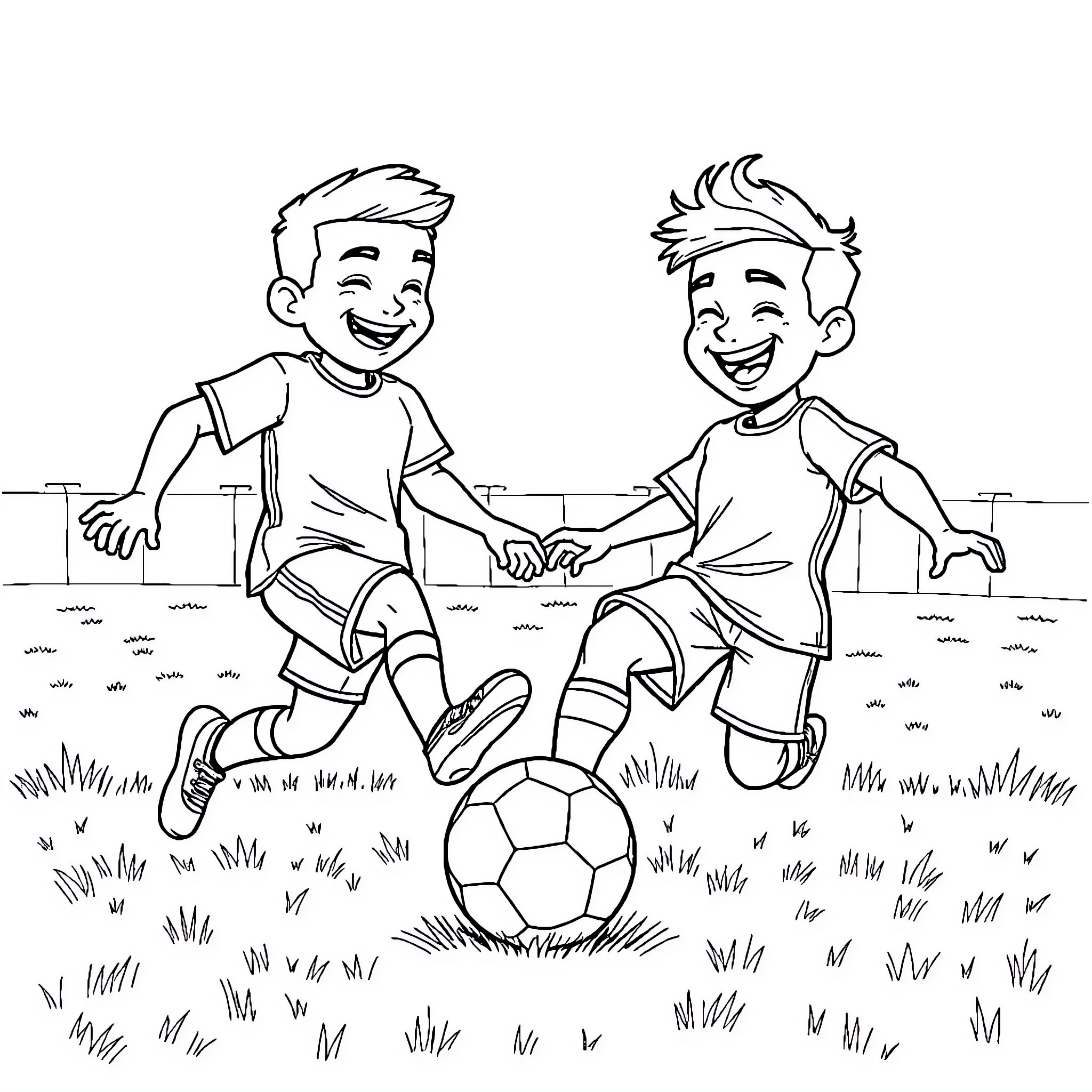 Football players happily kicking a ball on the field Coloring Page (free black-and-white line drawing printable PDF for all, from beginners to advanced learners, including children, teens, adults, and seniors)