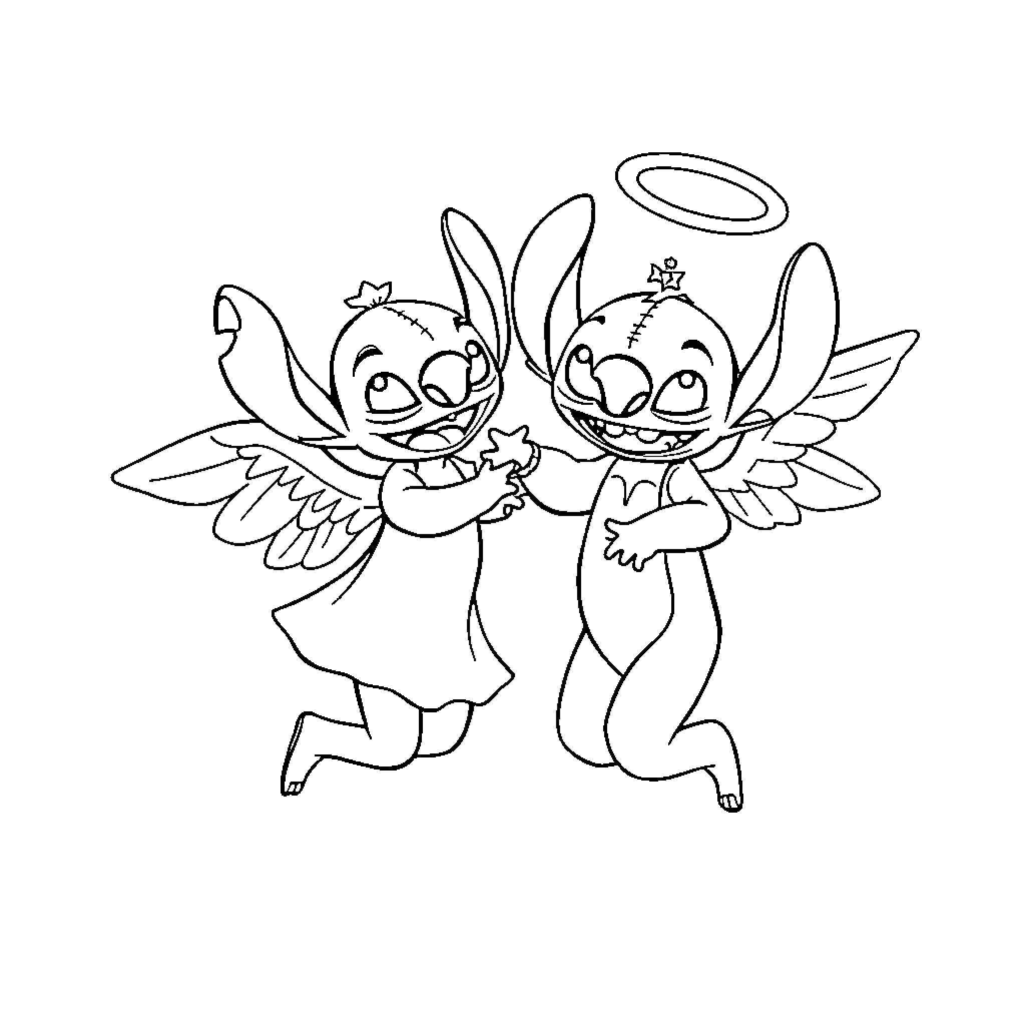 Stitch and Angel in Angelic Embrace Coloring Page (free black-and-white line drawing printable PDF for all, from beginners to advanced learners, including children, teens, adults, and seniors)
