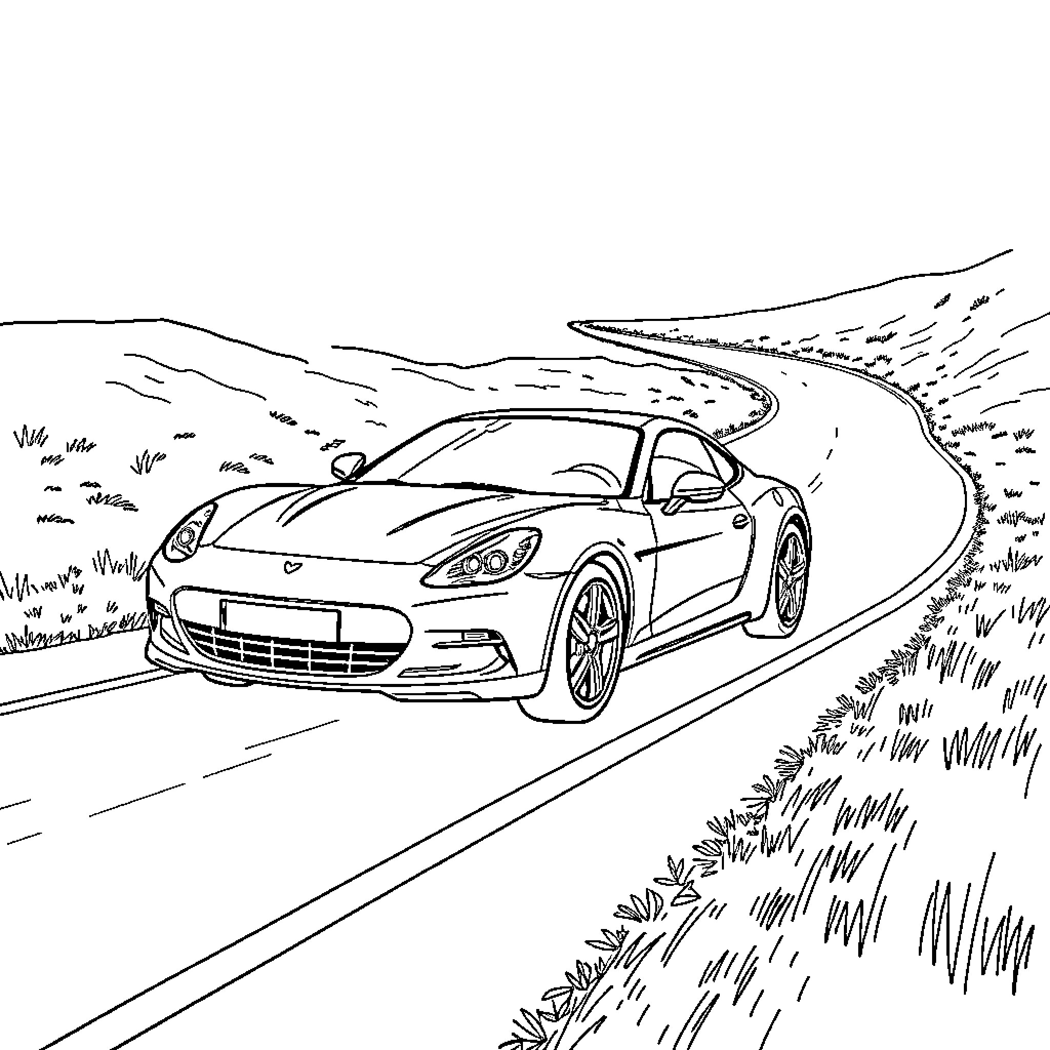 Car speeding through scenic mountain road Coloring Page (free black-and-white line drawing printable PDF for all, from beginners to advanced learners, including children, teens, adults, and seniors)