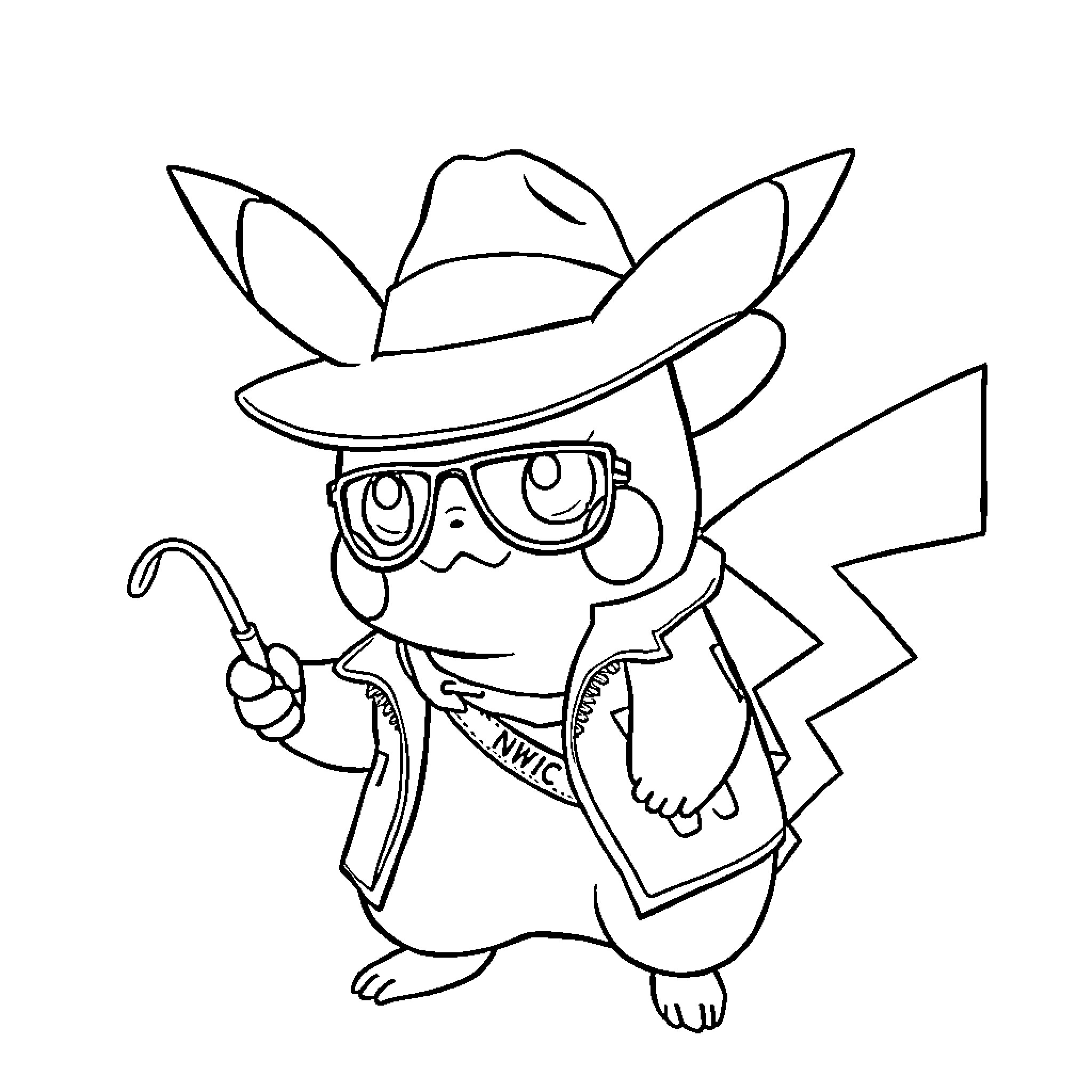 Pikachu dressed as a detective in an investigation Coloring Page (free black-and-white line drawing printable PDF for all, from beginners to advanced learners, including children, teens, adults, and seniors)