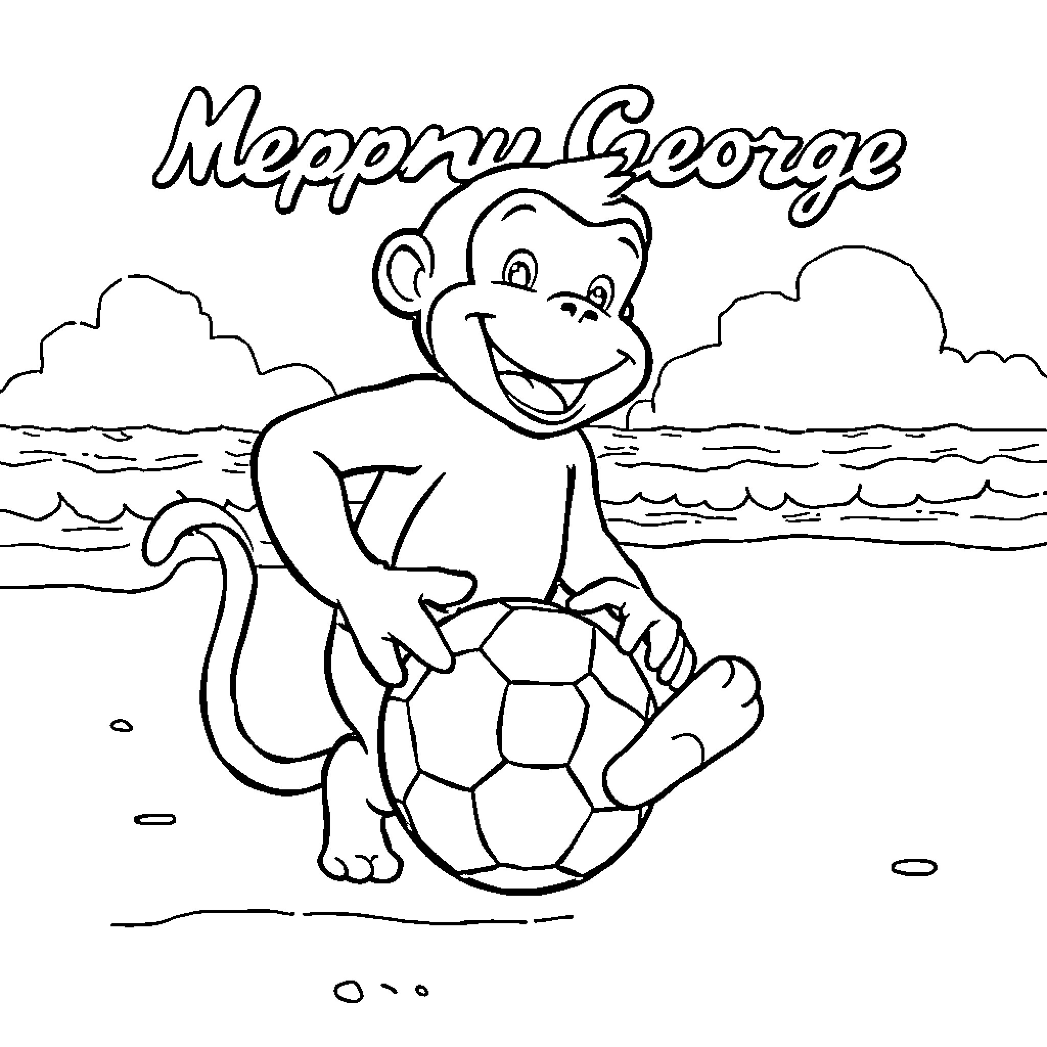 Monkey playing happily with soccer ball on the beach Coloring Page (free black-and-white line drawing printable PDF for all, from beginners to advanced learners, including children, teens, adults, and seniors)