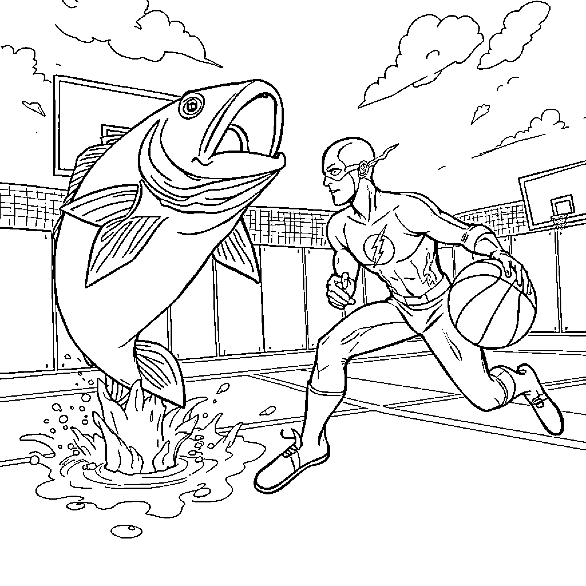 Flash Dunk: Basketball Player vs Giant Fish Coloring Page (free black-and-white line drawing printable PDF for all, from beginners to advanced learners, including children, teens, adults, and seniors)