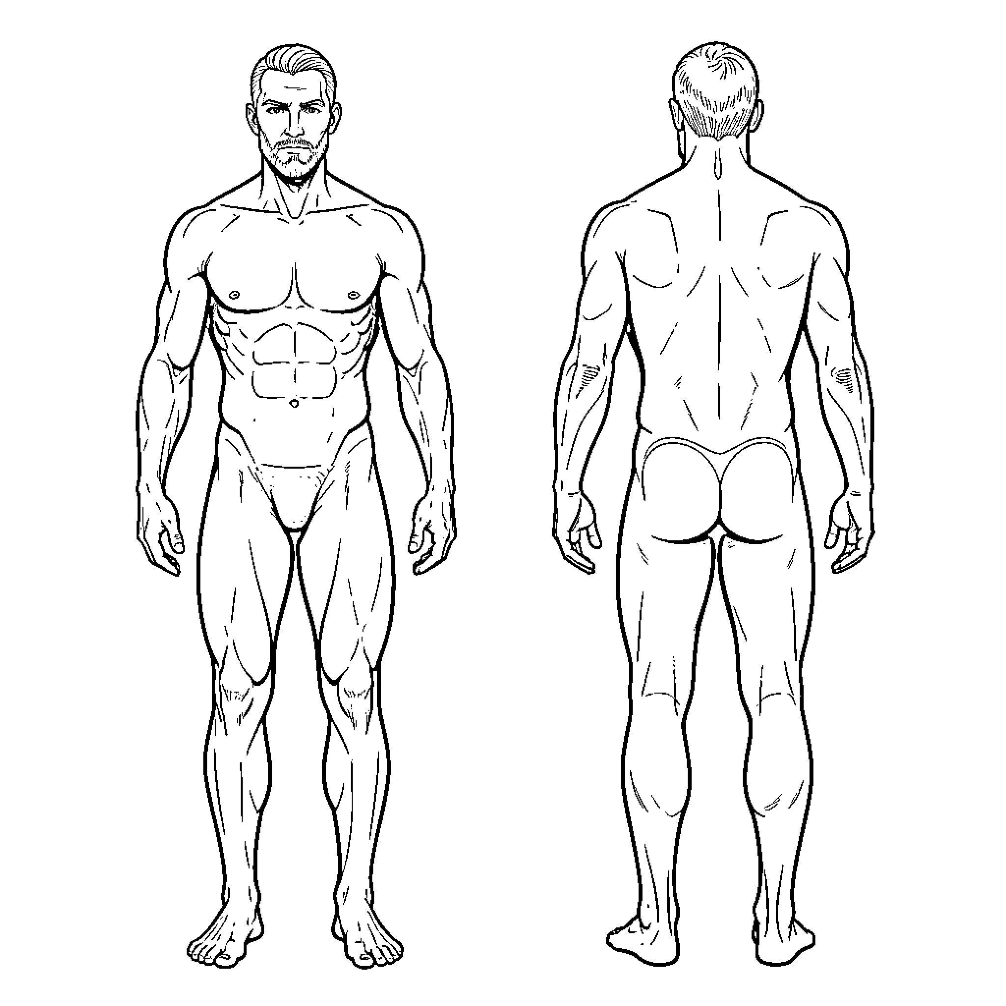 Human anatomical diagram of male figure Coloring Page (free black-and-white line drawing printable PDF for all, from beginners to advanced learners, including children, teens, adults, and seniors)