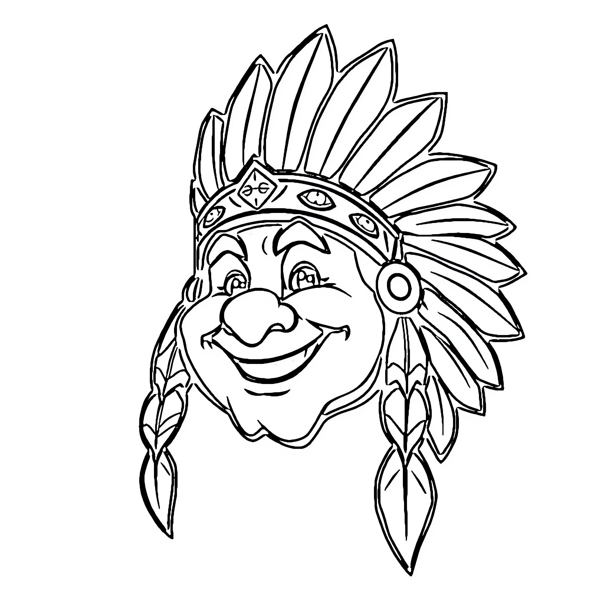 Chief Wahoo's Cheerful Expression Coloring Page (free black-and-white line drawing printable PDF for all, from beginners to advanced learners, including children, teens, adults, and seniors)