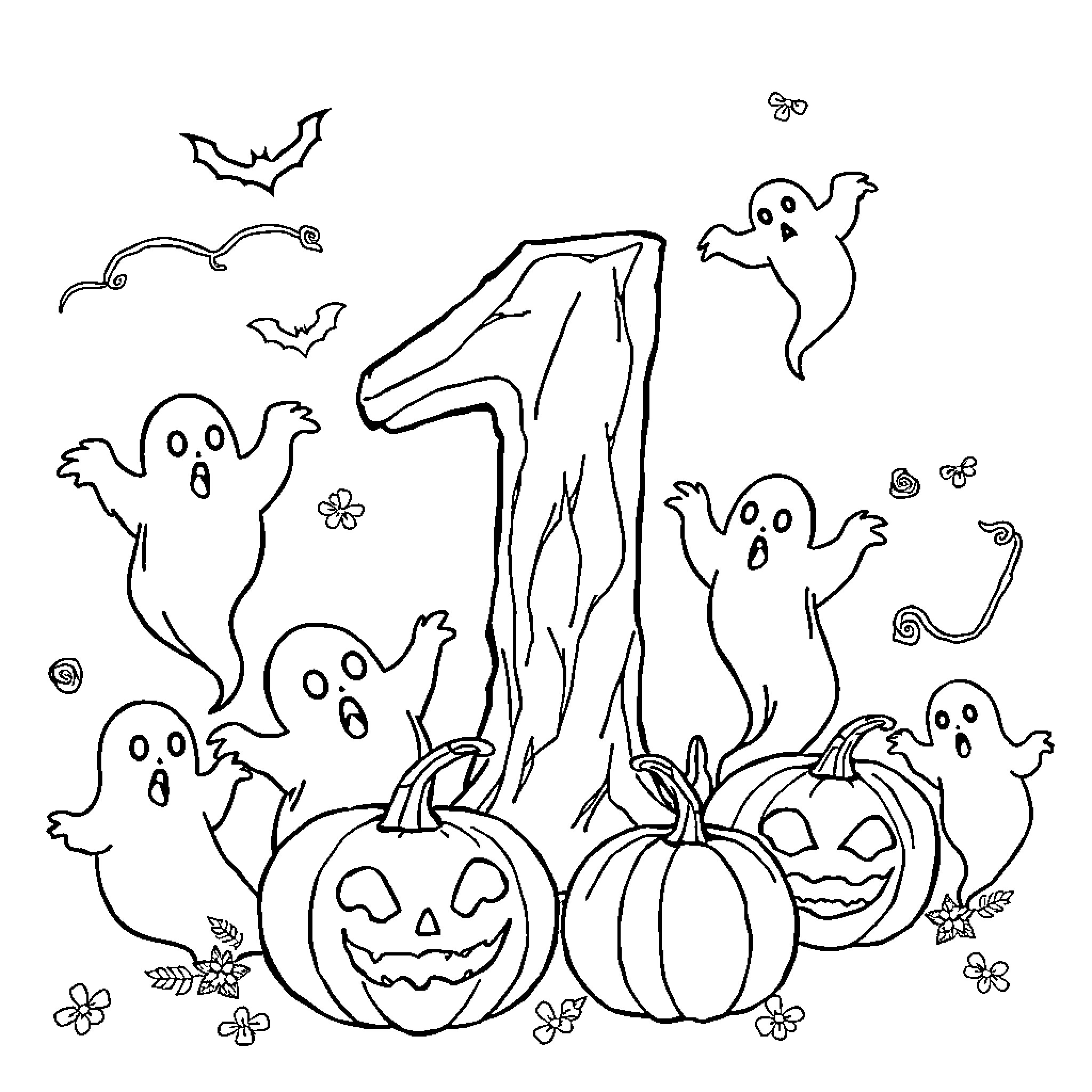 Number Halloween Ghosts, Pumpkins, and Bats Coloring Page (free black-and-white line drawing printable PDF for all, from beginners to advanced learners, including children, teens, adults, and seniors)