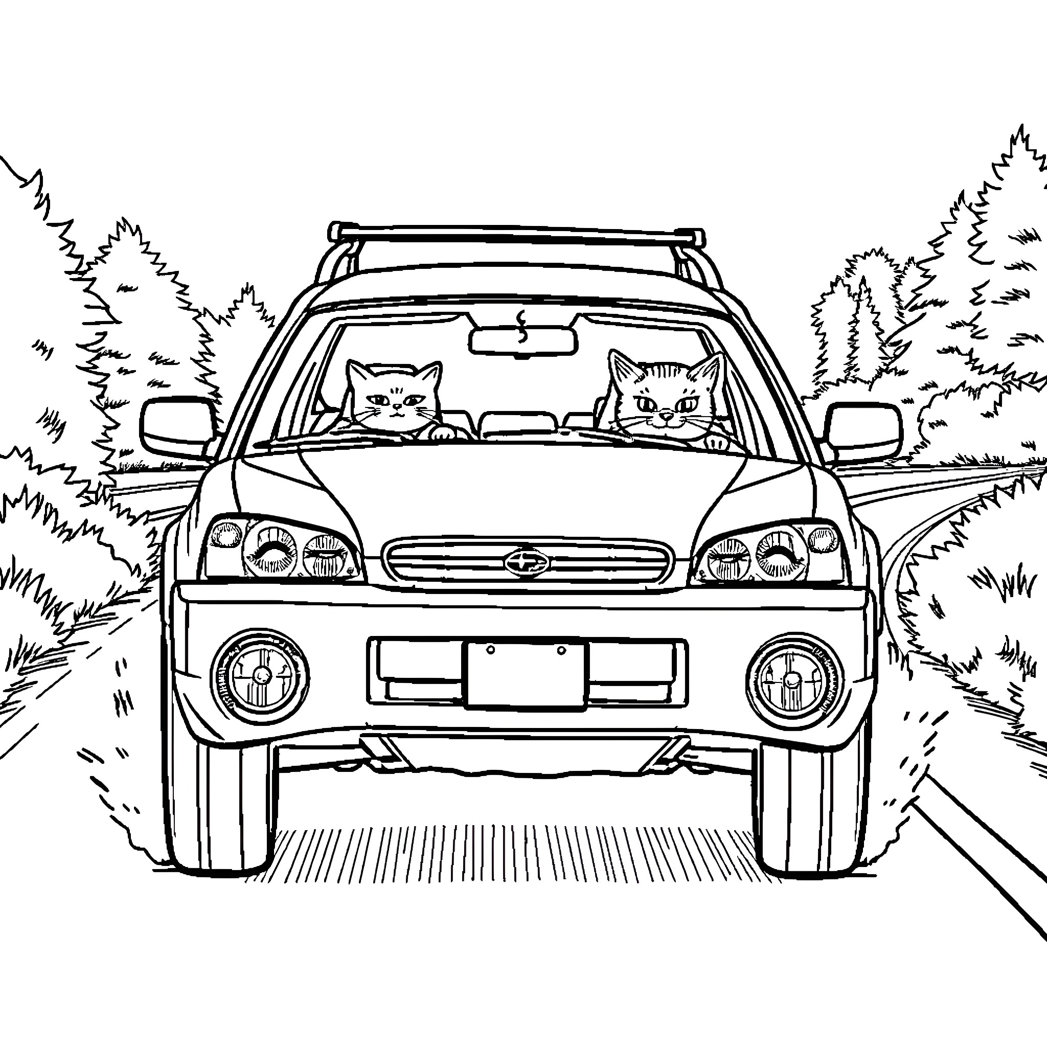 Subaru cats riding in the forest Coloring Page (free black-and-white line drawing printable PDF for all, from beginners to advanced learners, including children, teens, adults, and seniors)