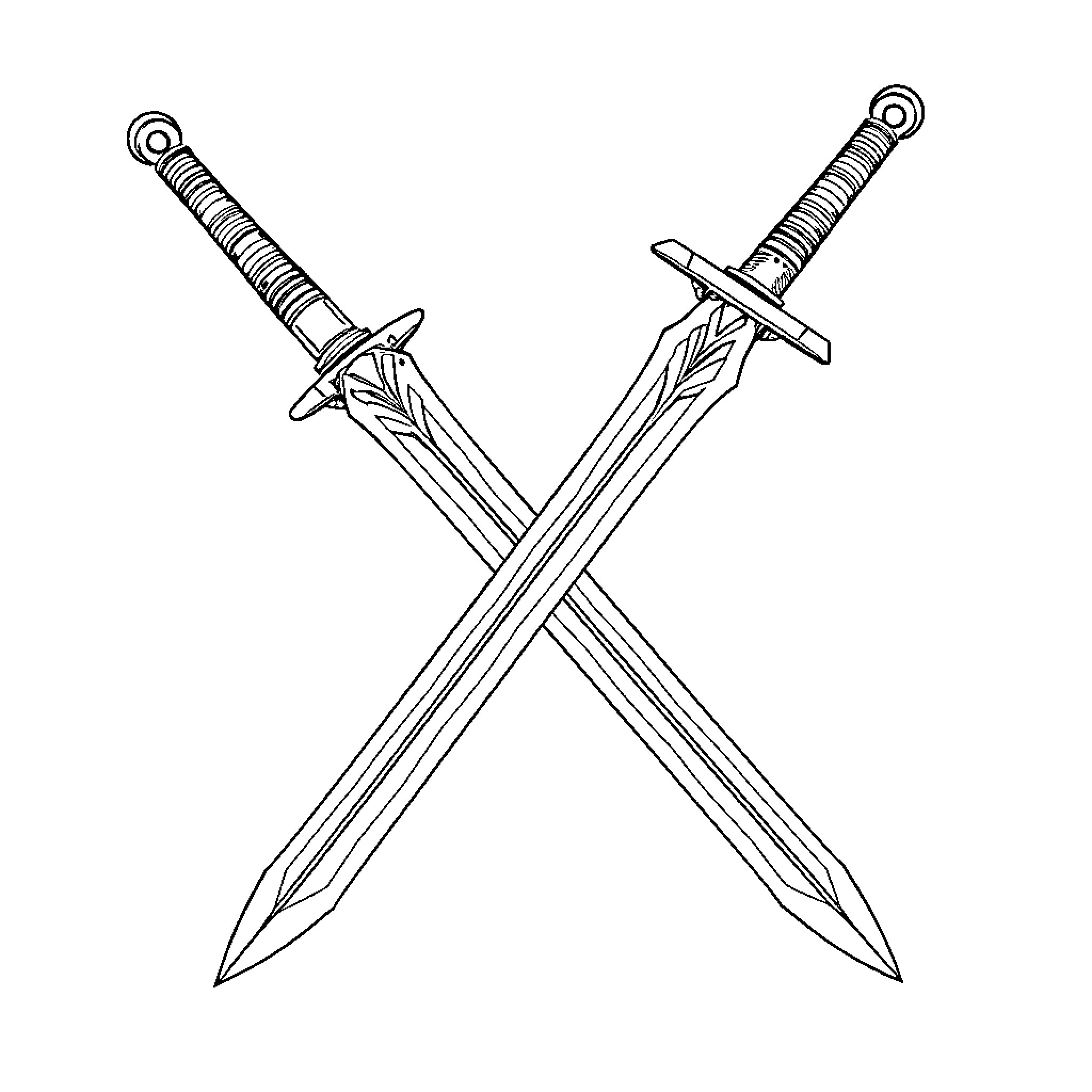 Ranger's Crossed Swords in Monochrome Coloring Page (free black-and-white line drawing printable PDF for all, from beginners to advanced learners, including children, teens, adults, and seniors)