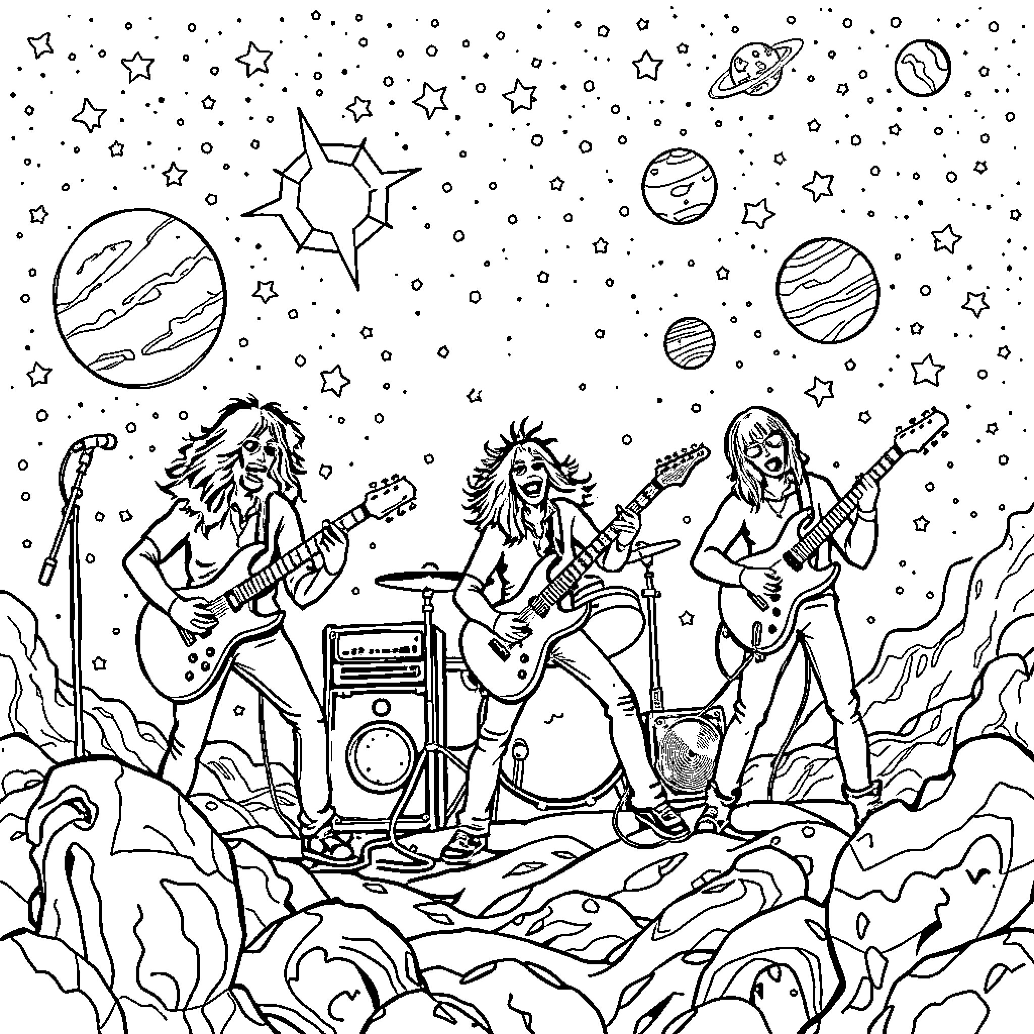 Rock Band Performing on a Cosmic Stage Coloring Page (free black-and-white line drawing printable PDF for all, from beginners to advanced learners, including children, teens, adults, and seniors)