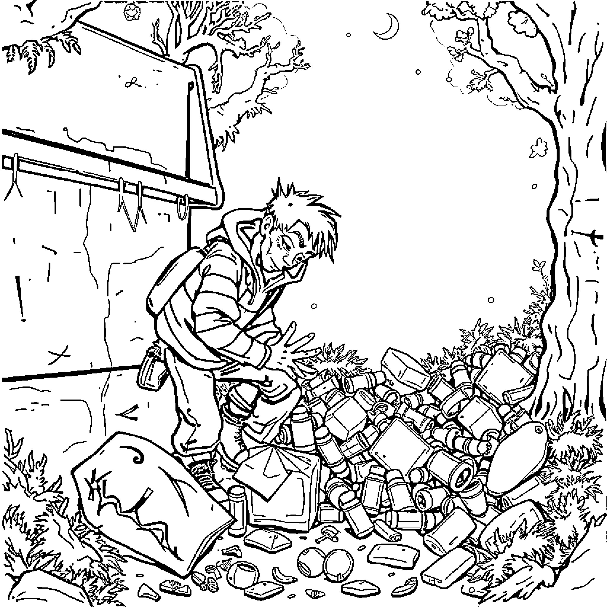Tweaker scavenging through the trash for valuables Coloring Page (free black-and-white line drawing printable PDF for all, from beginners to advanced learners, including children, teens, adults, and seniors)