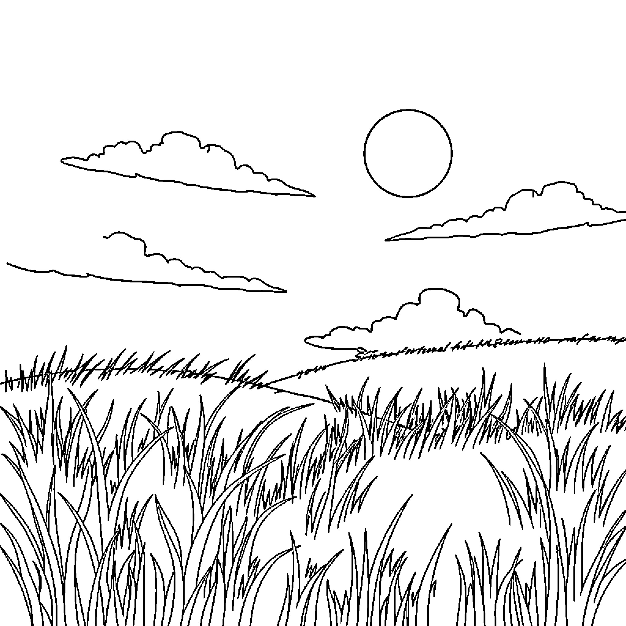 Outdoor landscape with clouds and sun Coloring Page (free black-and-white line drawing printable PDF for all, from beginners to advanced learners, including children, teens, adults, and seniors)