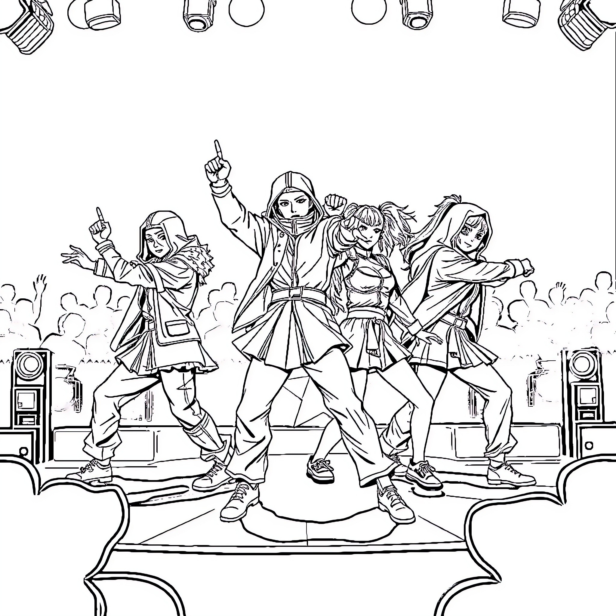 K Pop Warrior Characters Performing on Stage Coloring Page (free black-and-white line drawing printable PDF for all, from beginners to advanced learners, including children, teens, adults, and seniors)