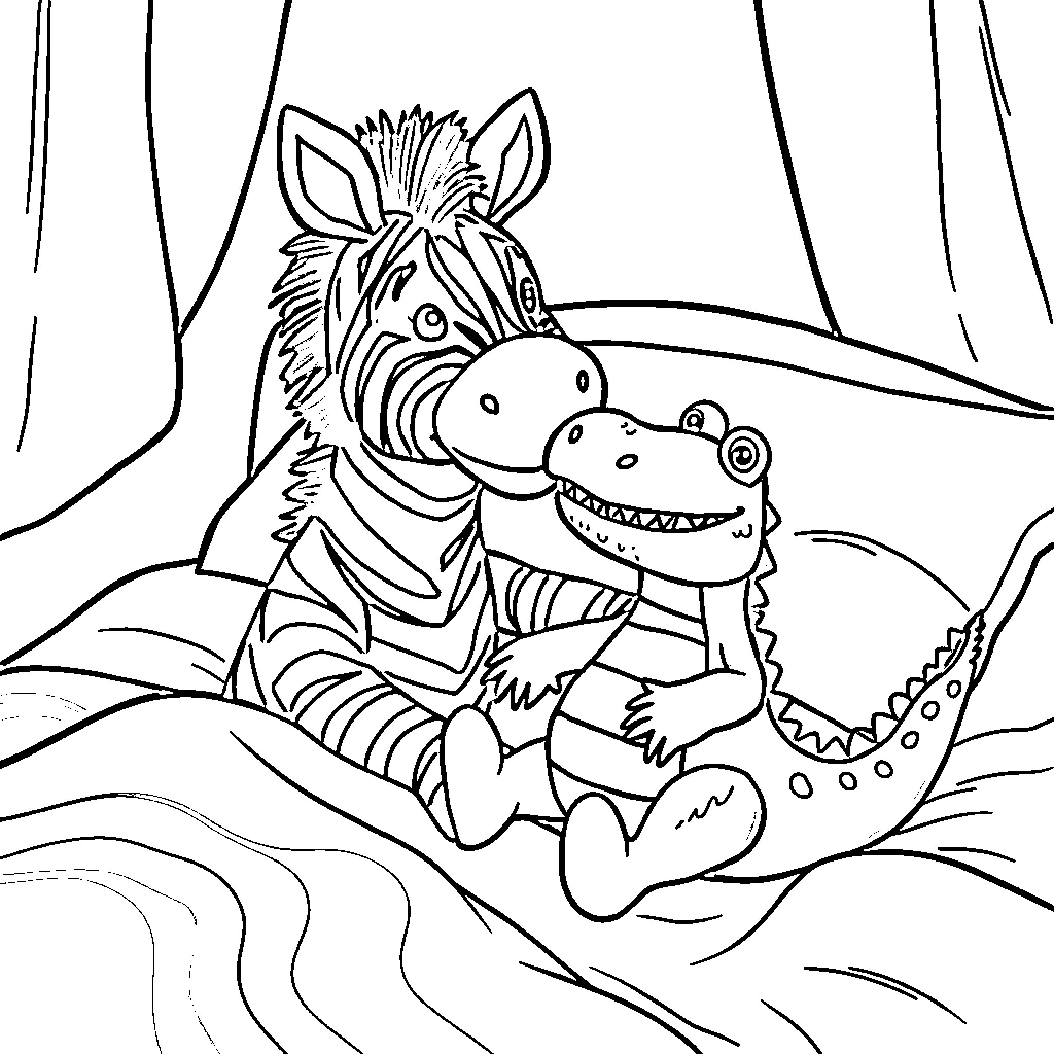 Puppet Zebra and Crocodile Playtime Coloring Page (free black-and-white line drawing printable PDF for all, from beginners to advanced learners, including children, teens, adults, and seniors)