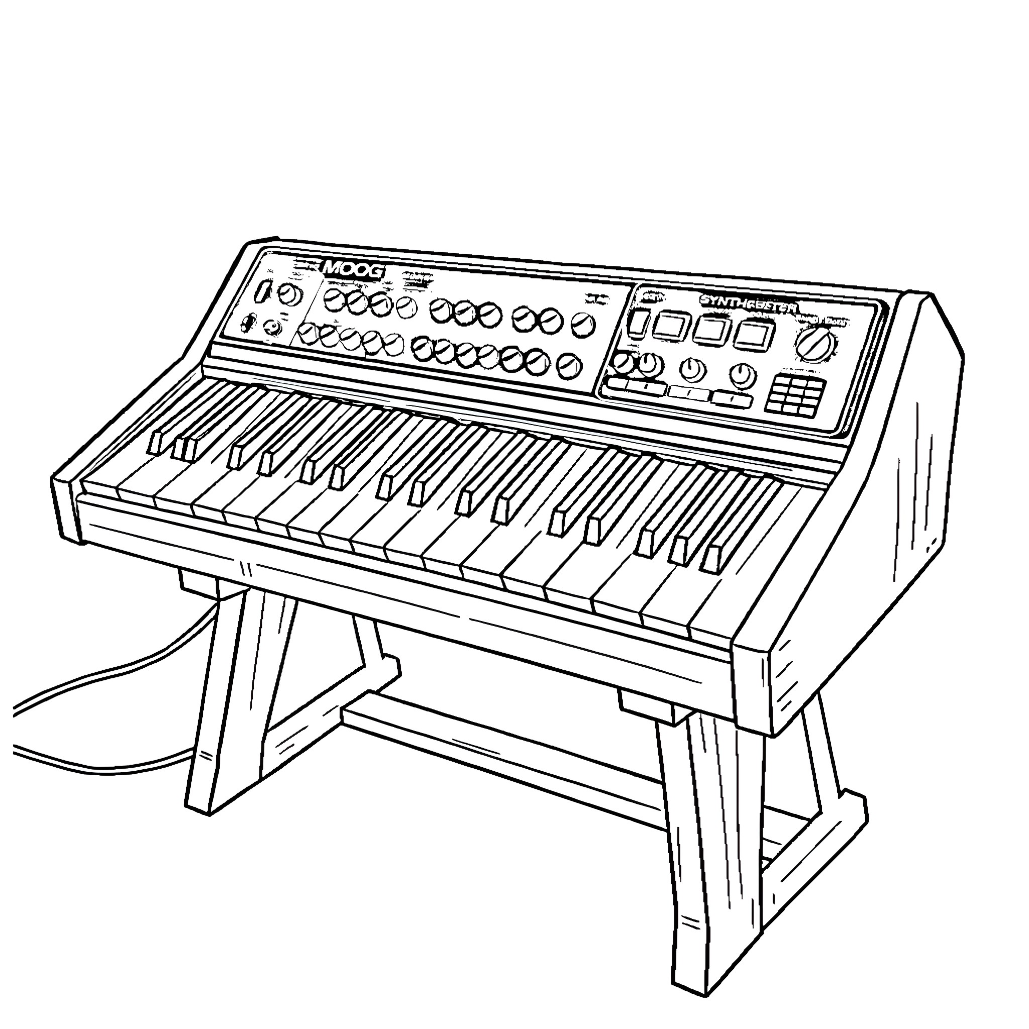 Moog Synthesiser with analog controls and keys Coloring Page (free black-and-white line drawing printable PDF for all, from beginners to advanced learners, including children, teens, adults, and seniors)