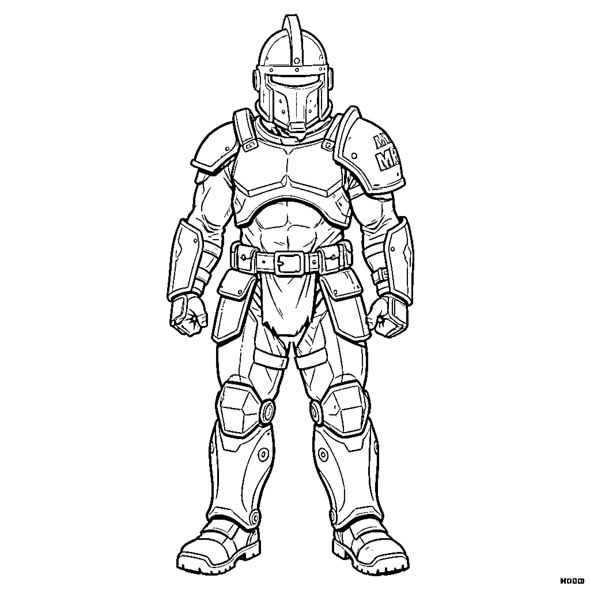 Thunderwarrior standing tall in full heavy combat armor Coloring Page (free black-and-white line drawing printable PDF for all, from beginners to advanced learners, including children, teens, adults, and seniors)
