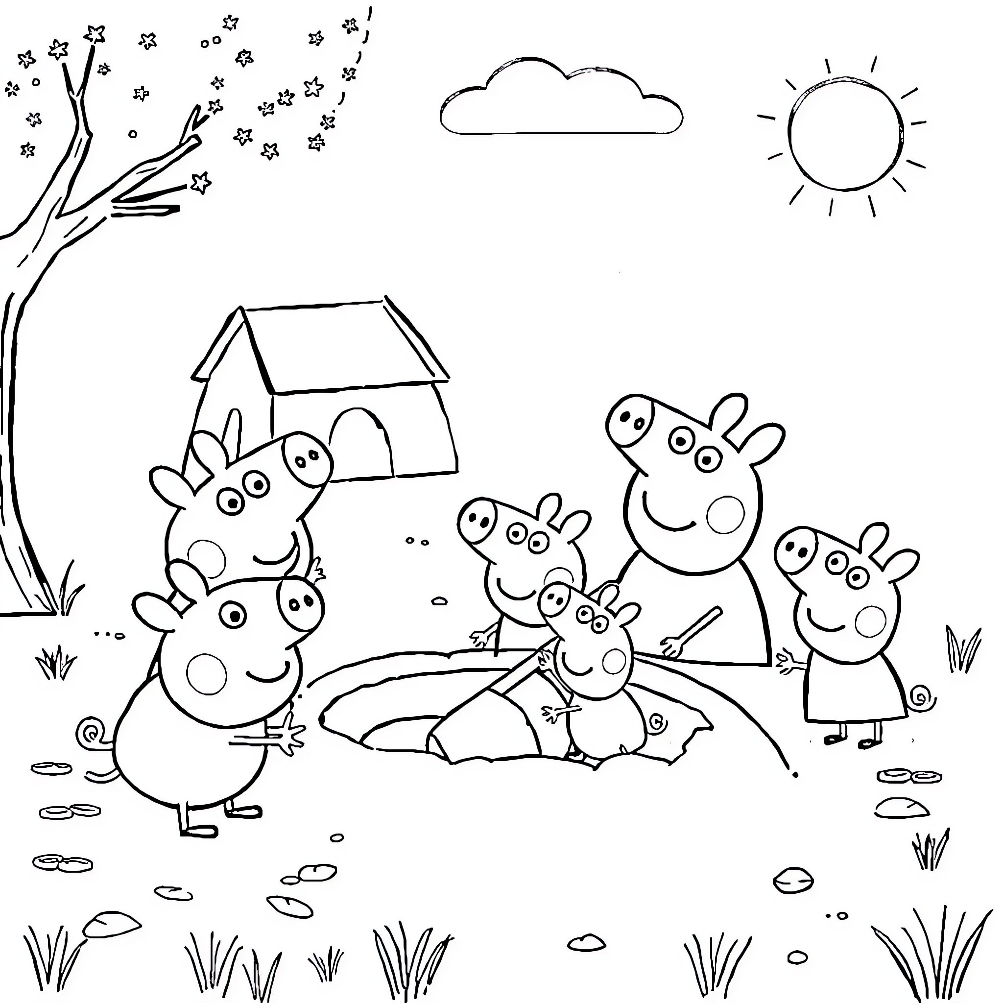 Peppa Pig family spending time outdoors Coloring Page (free black-and-white line drawing printable PDF for all, from beginners to advanced learners, including children, teens, adults, and seniors)