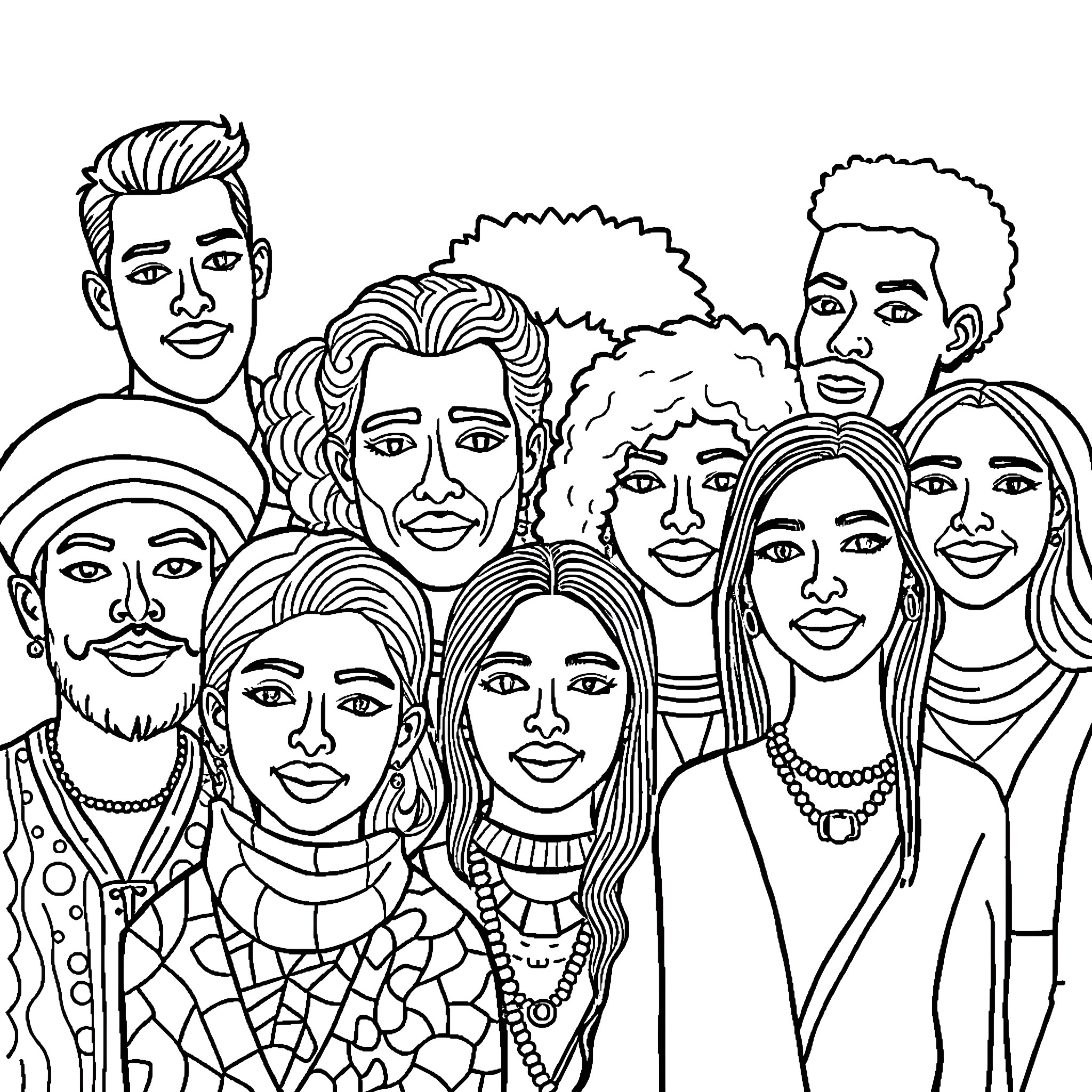 Diversity in Facial Expressions and Attire Coloring Page (free black-and-white line drawing printable PDF for all, from beginners to advanced learners, including children, teens, adults, and seniors)