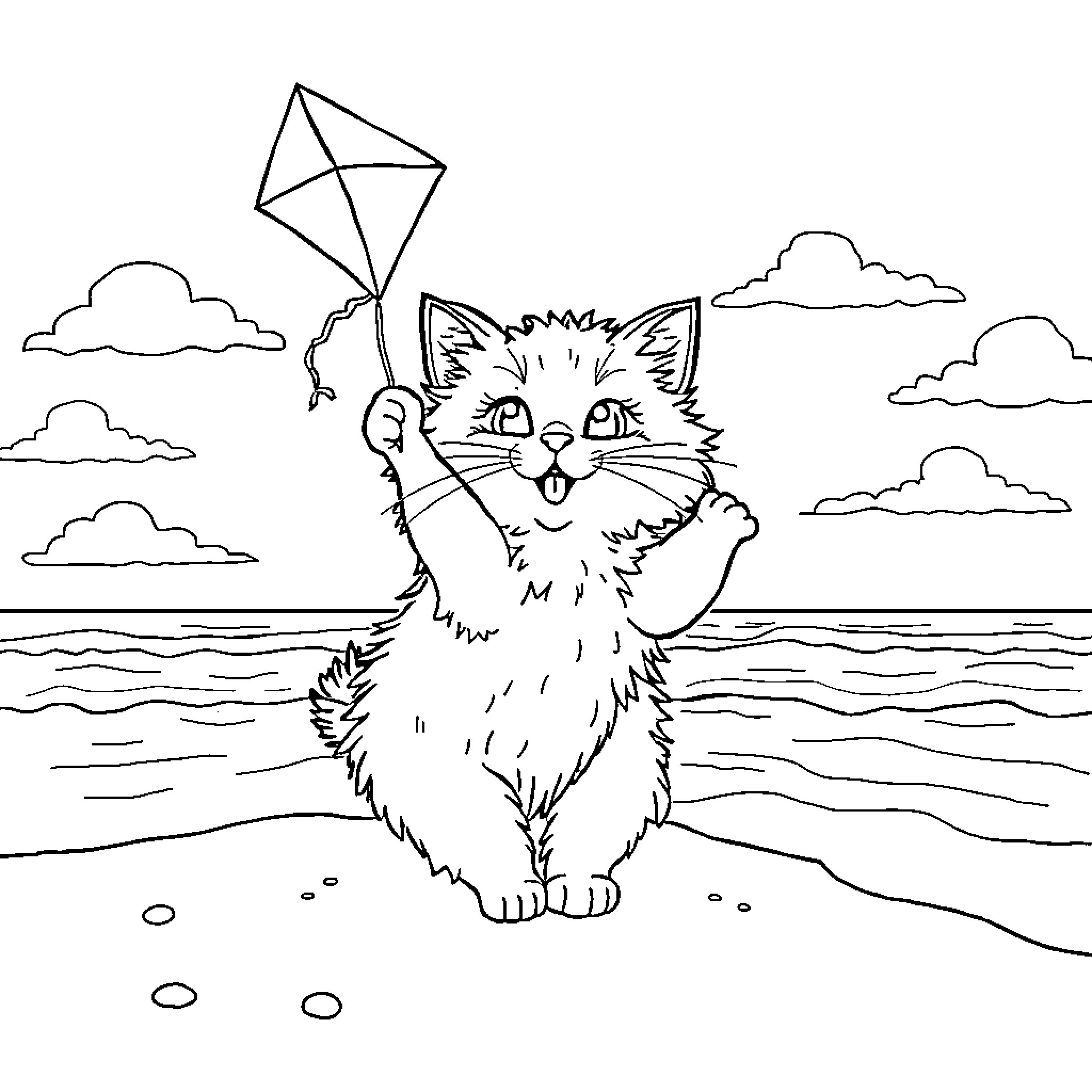 Cat flying a kite by the beach Coloring Page (free black-and-white line drawing printable PDF for all, from beginners to advanced learners, including children, teens, adults, and seniors)