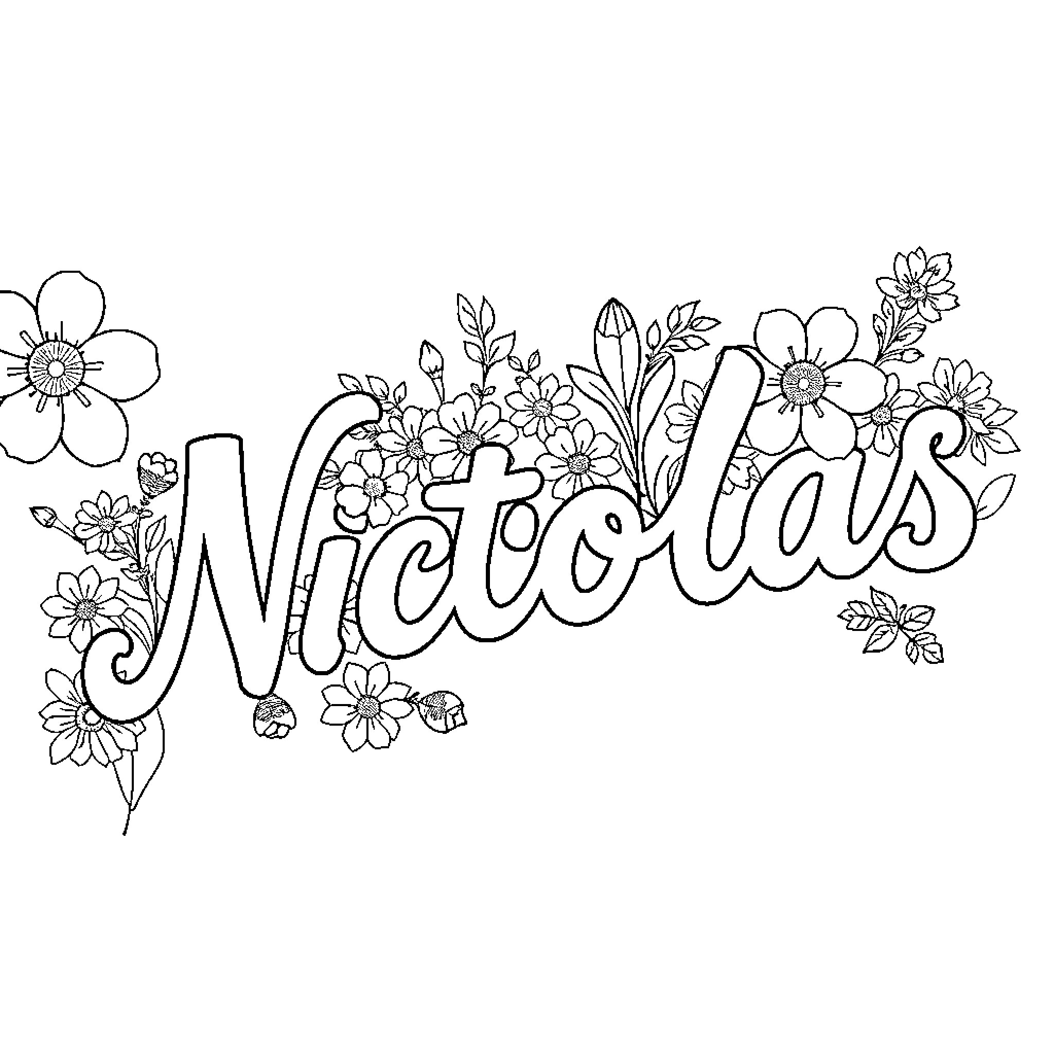 Nicolas enjoying a floral coloring book activity Coloring Page (free black-and-white line drawing printable PDF for all, from beginners to advanced learners, including children, teens, adults, and seniors)