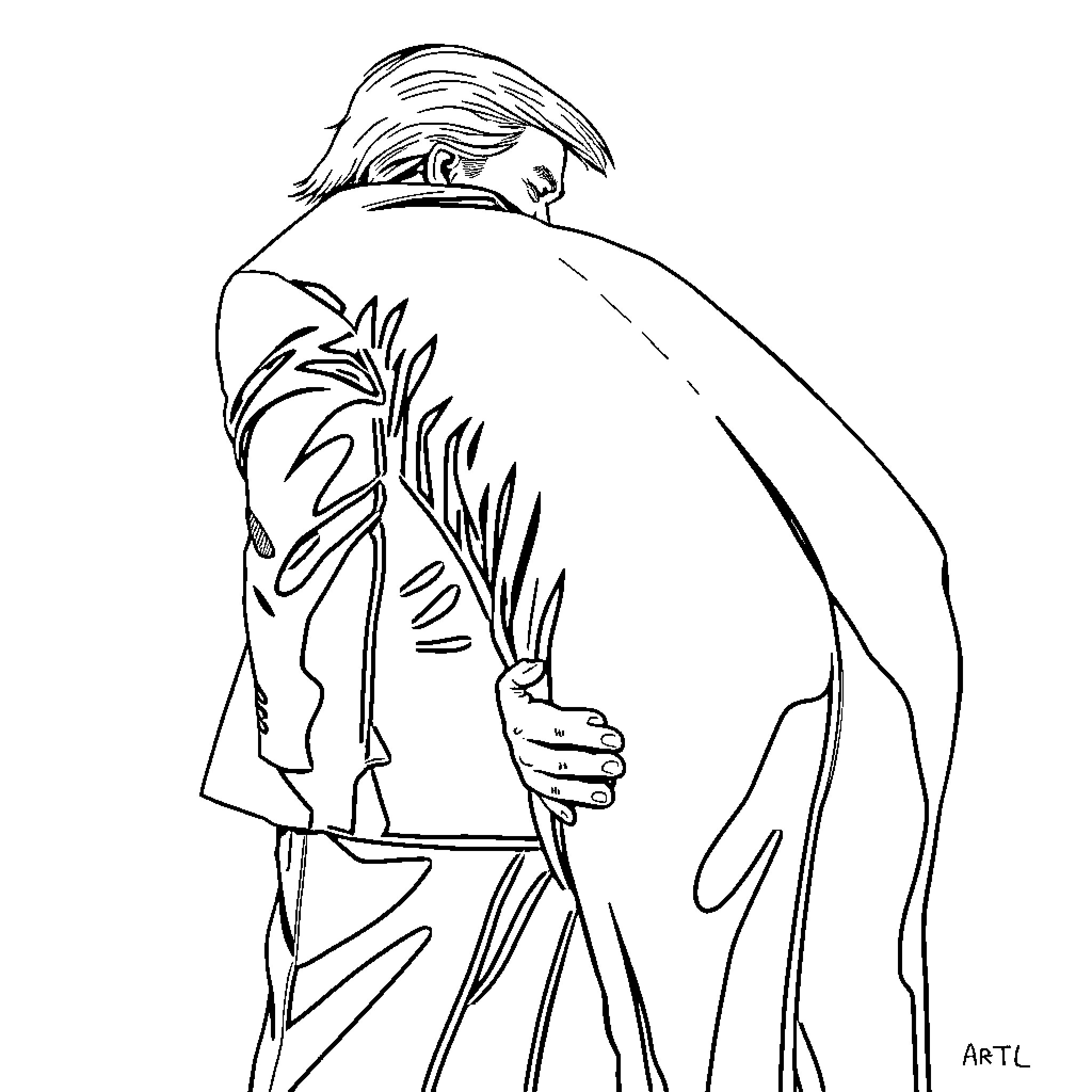 Donald Trump in a pensive pose Coloring Page (free black-and-white line drawing printable PDF for all, from beginners to advanced learners, including children, teens, adults, and seniors)