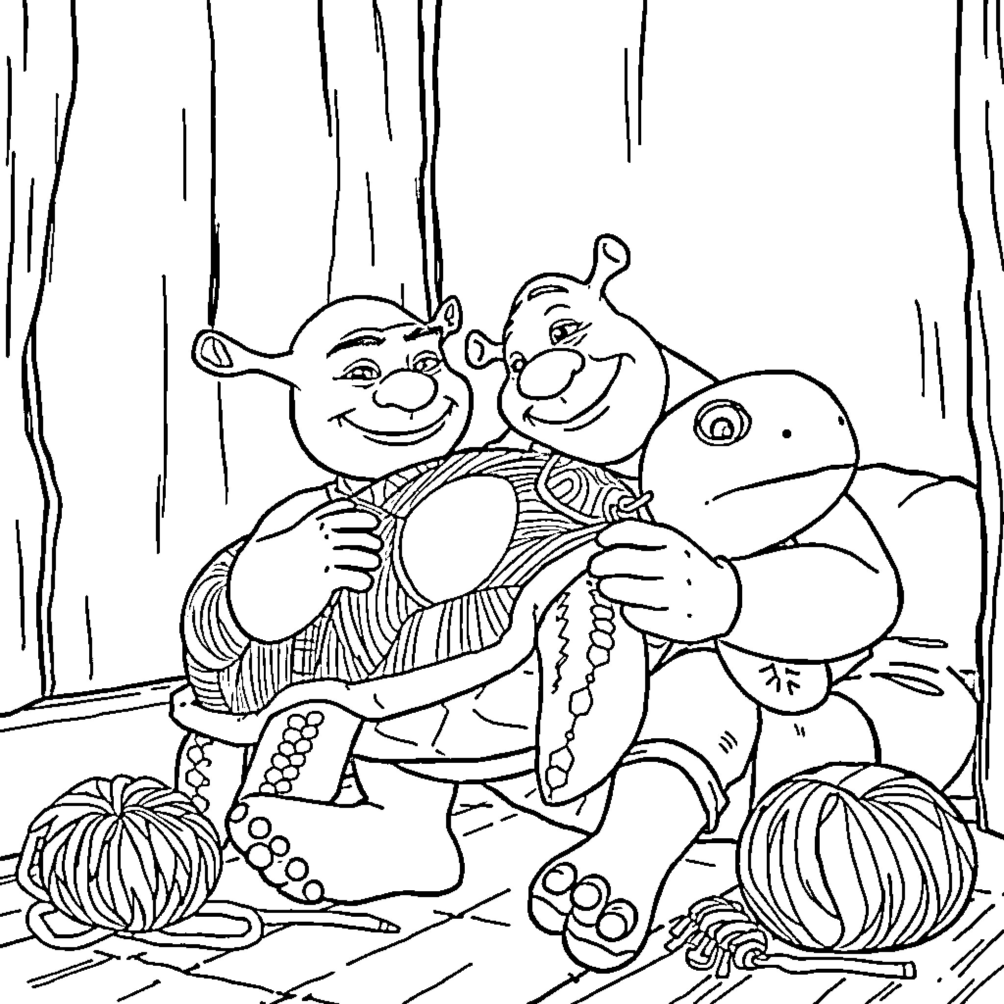 Shrek and friends gathered in the forest Coloring Page (free black-and-white line drawing printable PDF for all, from beginners to advanced learners, including children, teens, adults, and seniors)
