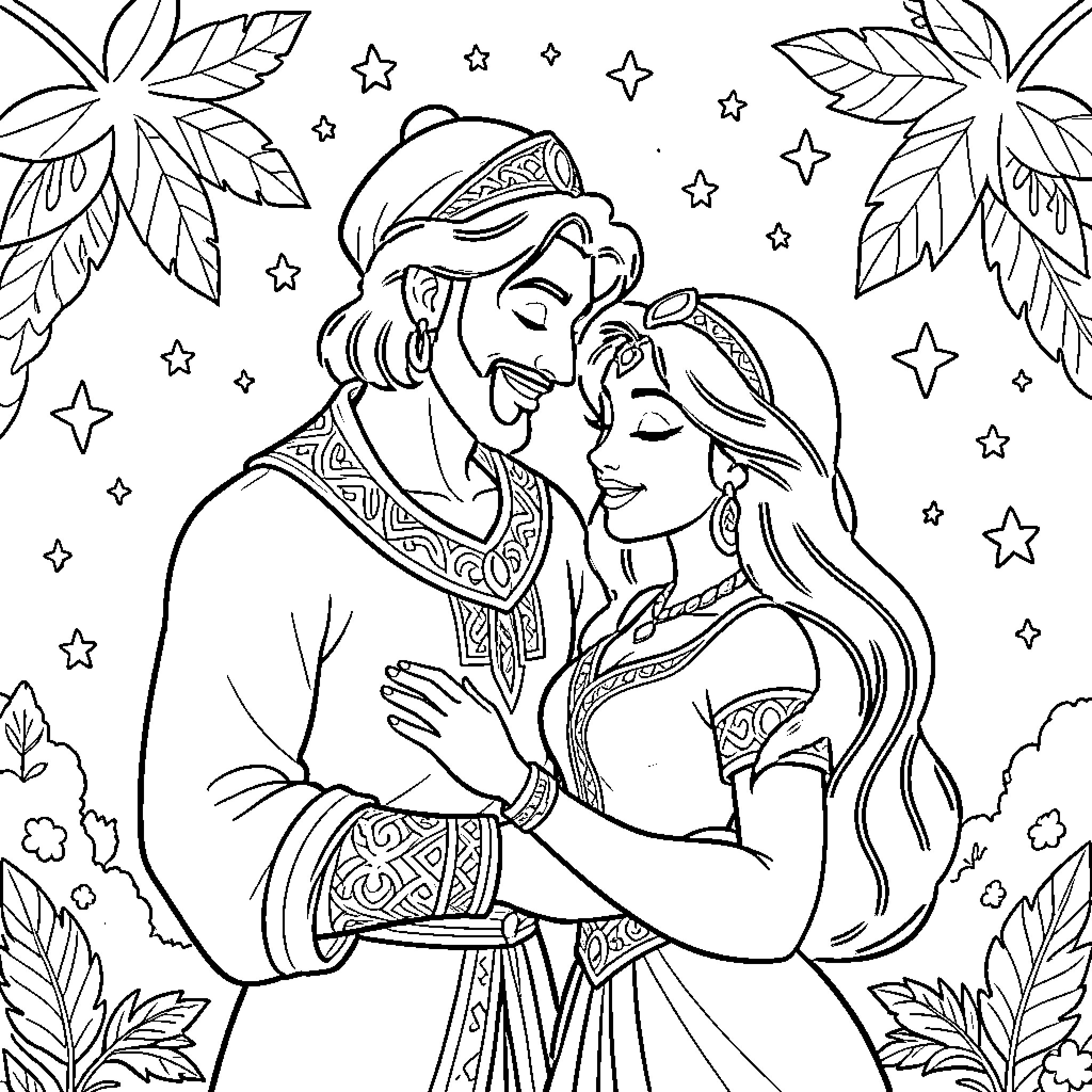 Aladdin and Jasmine's romantic embrace under the starry night Coloring Page (free black-and-white line drawing printable PDF for all, from beginners to advanced learners, including children, teens, adults, and seniors)