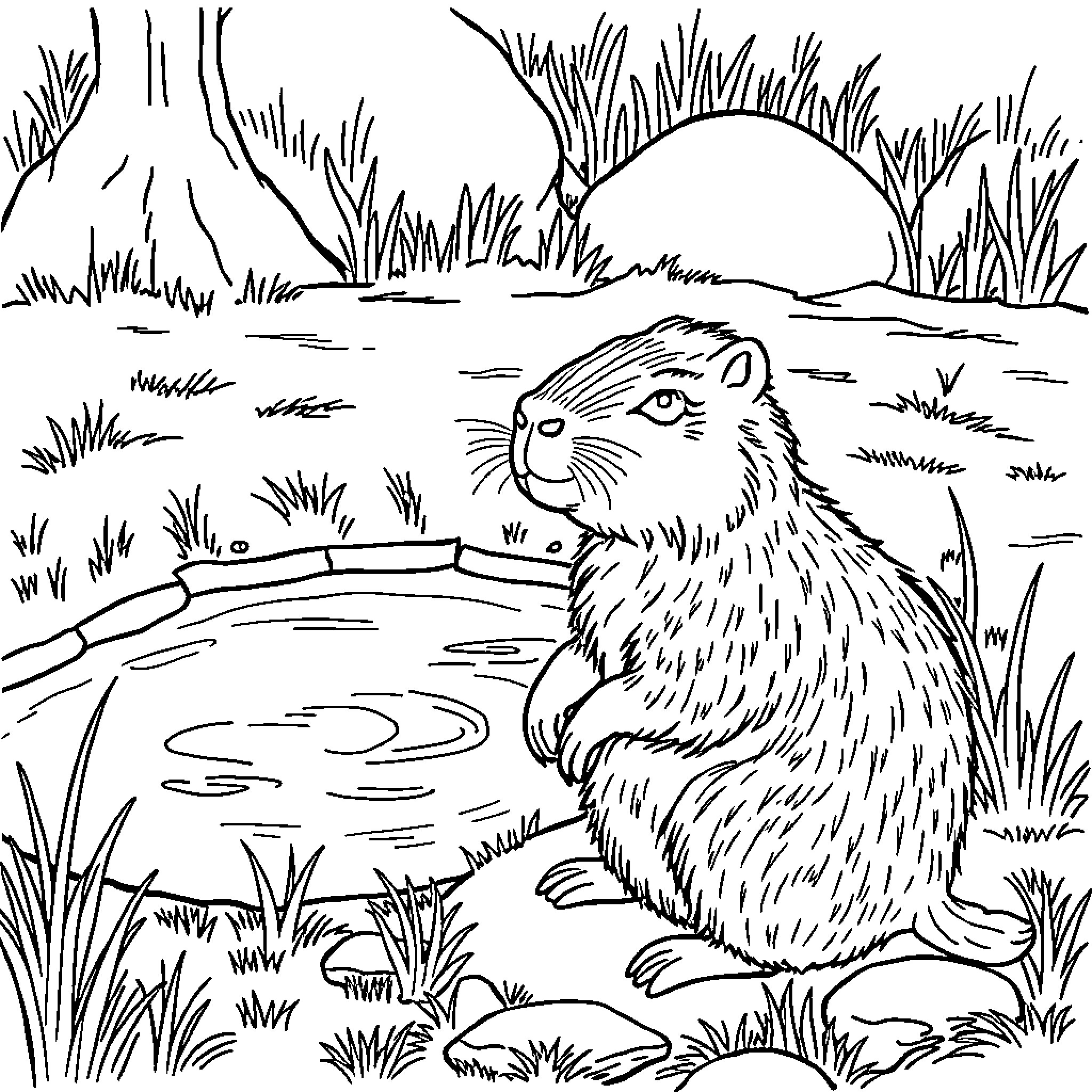 Capybara exploring tranquil wetland environment Coloring Page (free black-and-white line drawing printable PDF for all, from beginners to advanced learners, including children, teens, adults, and seniors)