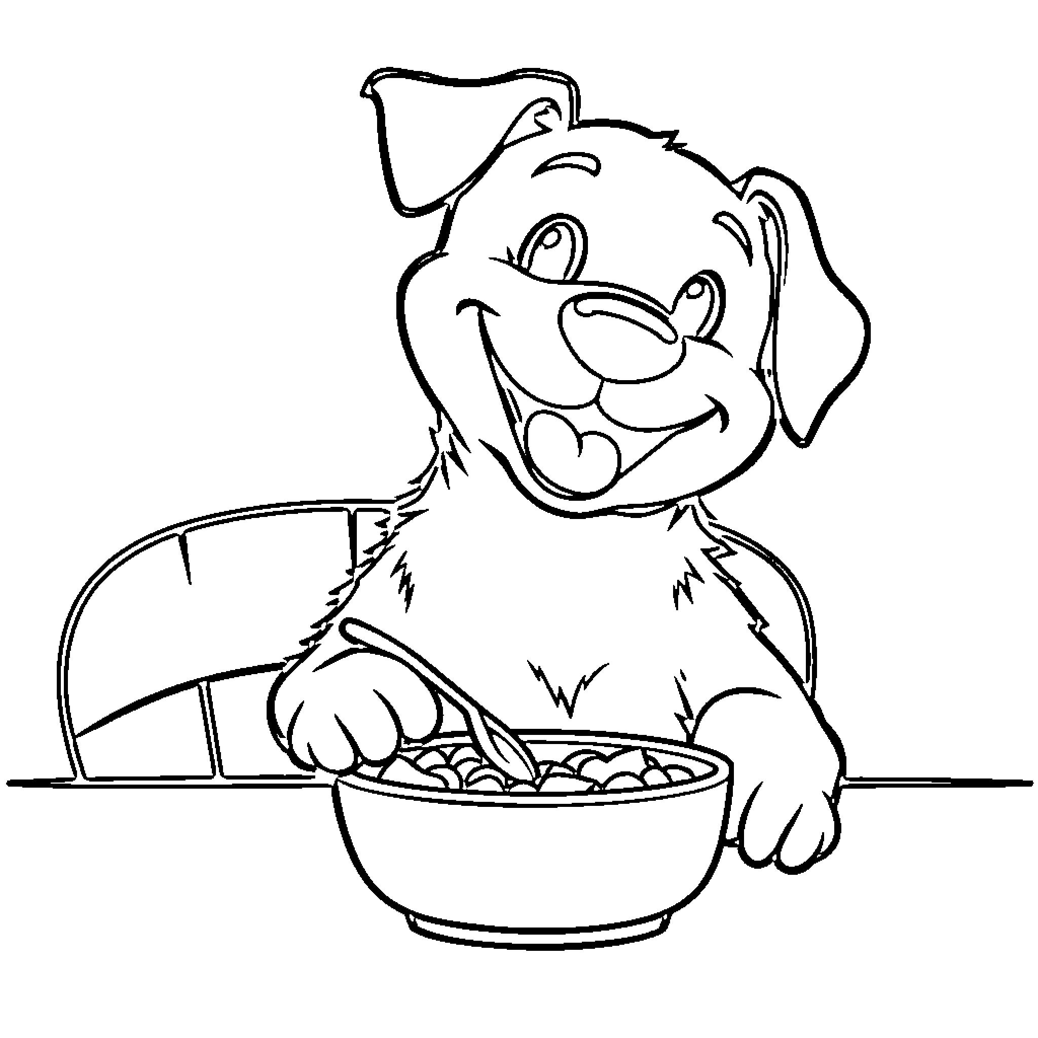 Dog Enjoying a Tasty Meal Coloring Page (free black-and-white line drawing printable PDF for all, from beginners to advanced learners, including children, teens, adults, and seniors)