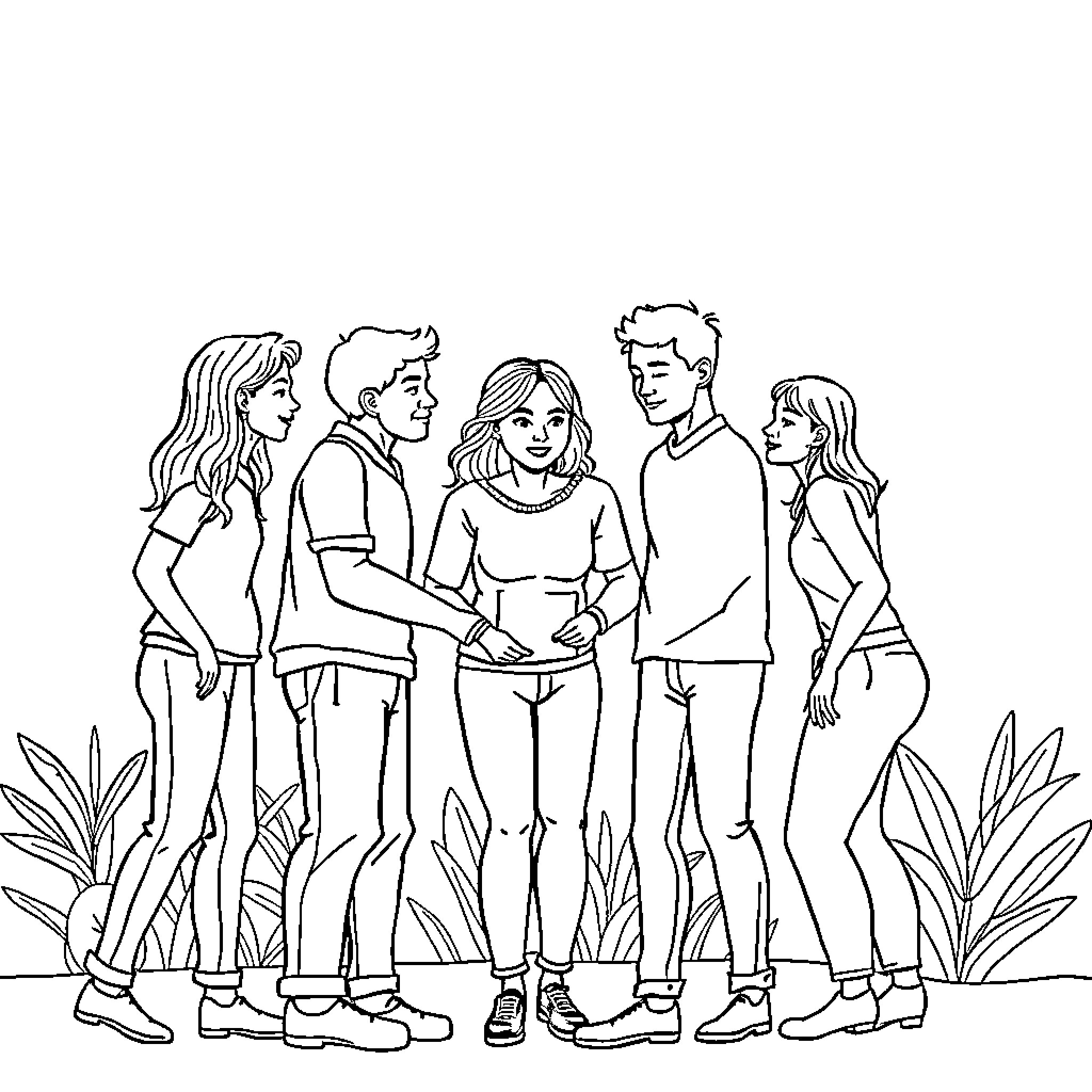 Cooperation among young friends enjoying outdoor activities Coloring Page (free black-and-white line drawing printable PDF for all, from beginners to advanced learners, including children, teens, adults, and seniors)
