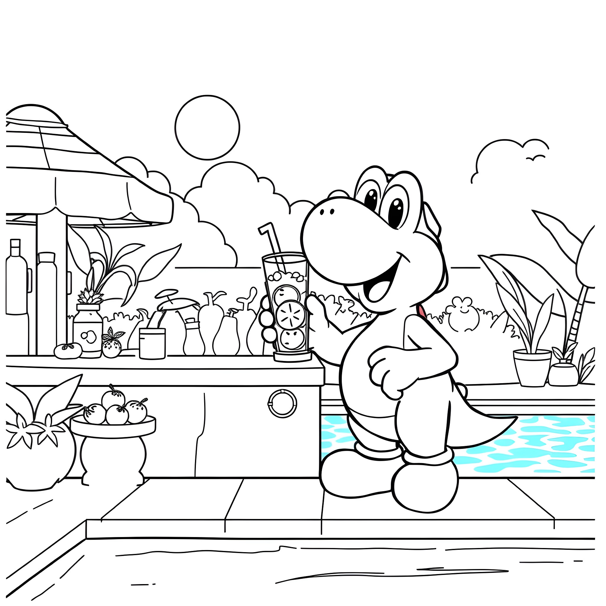 Yoshi's Relaxing Summer Day Coloring Page (free black-and-white line drawing printable PDF for all, from beginners to advanced learners, including children, teens, adults, and seniors)