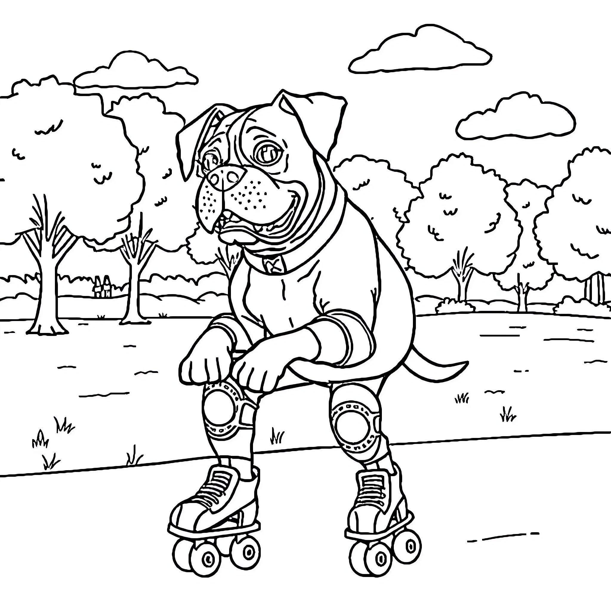 Boxer dog rollerblading in the park Coloring Page (free black-and-white line drawing printable PDF for all, from beginners to advanced learners, including children, teens, adults, and seniors)