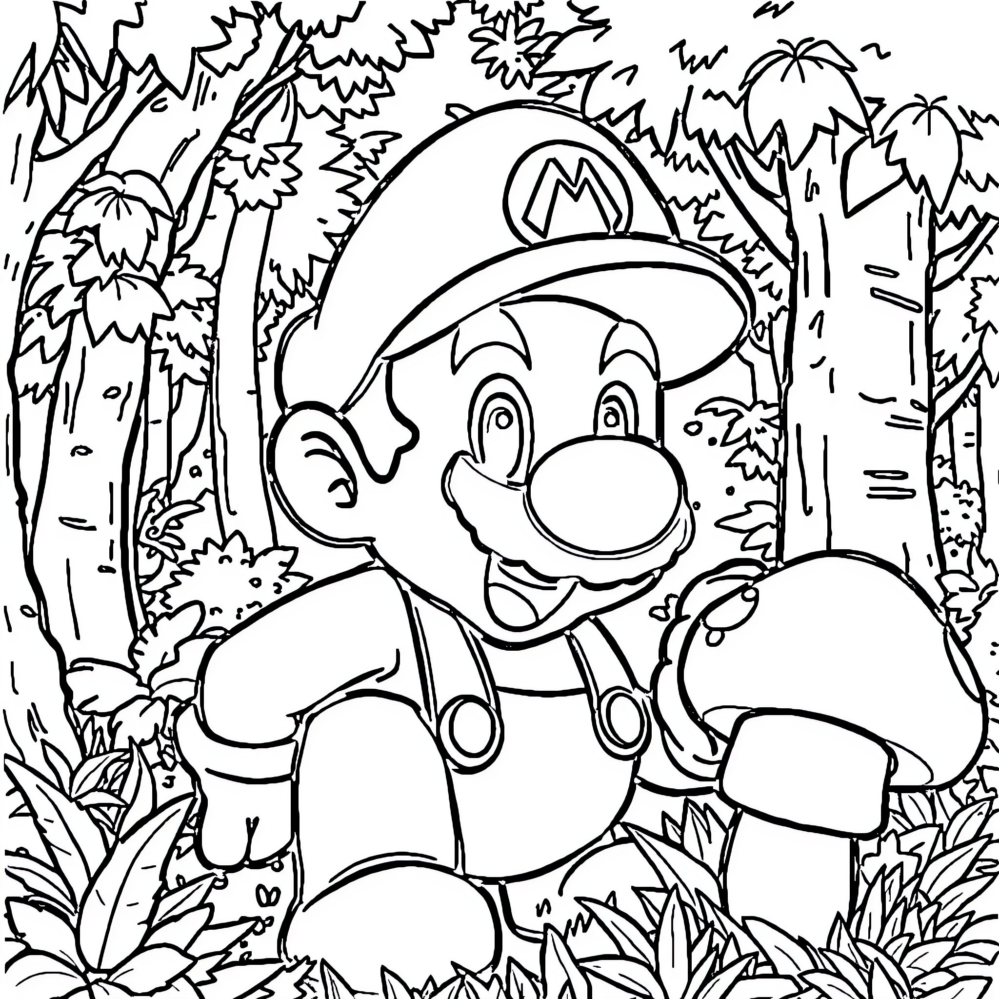 Mario's Adventure in the Enchanted Forest Coloring Page (free black-and-white line drawing printable PDF for all, from beginners to advanced learners, including children, teens, adults, and seniors)