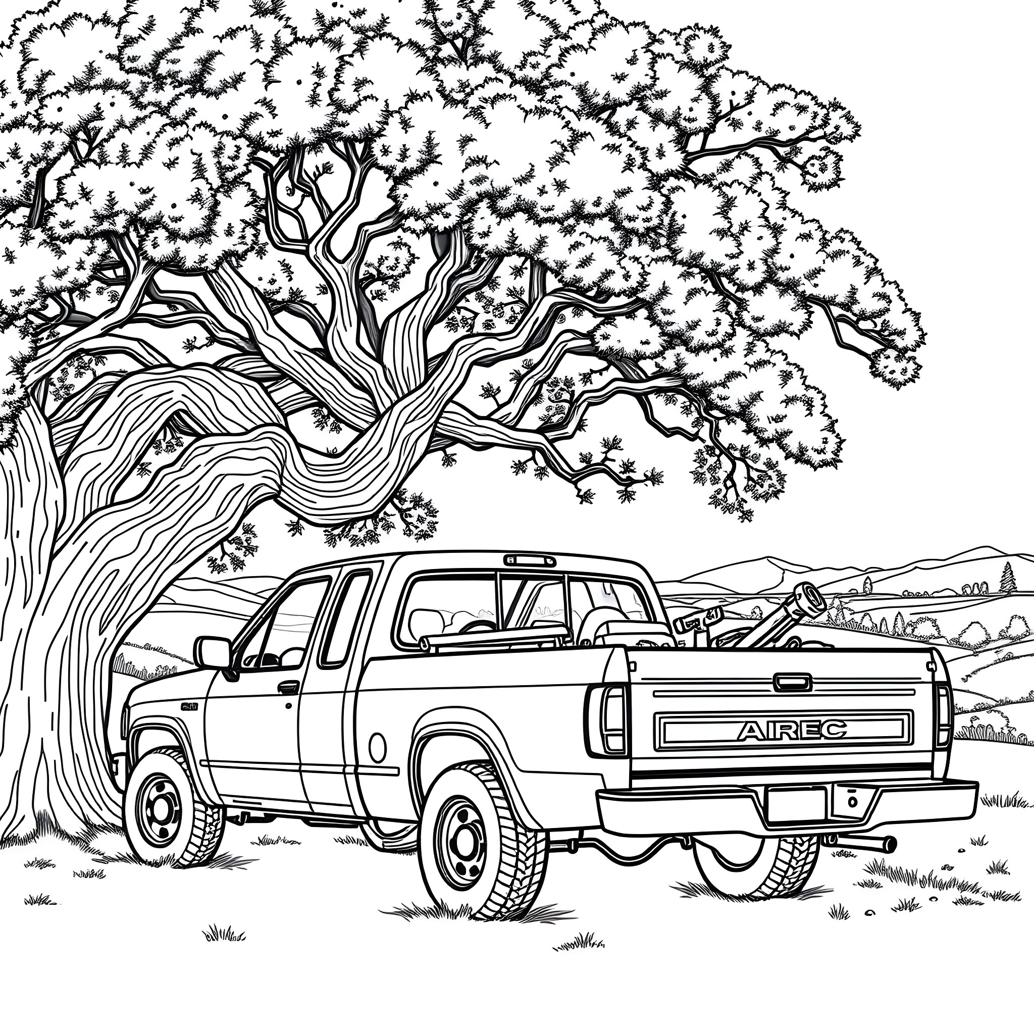 Pick Up Truck Parked Under Majestic Tree Coloring Page (free black-and-white line drawing printable PDF for all, from beginners to advanced learners, including children, teens, adults, and seniors)